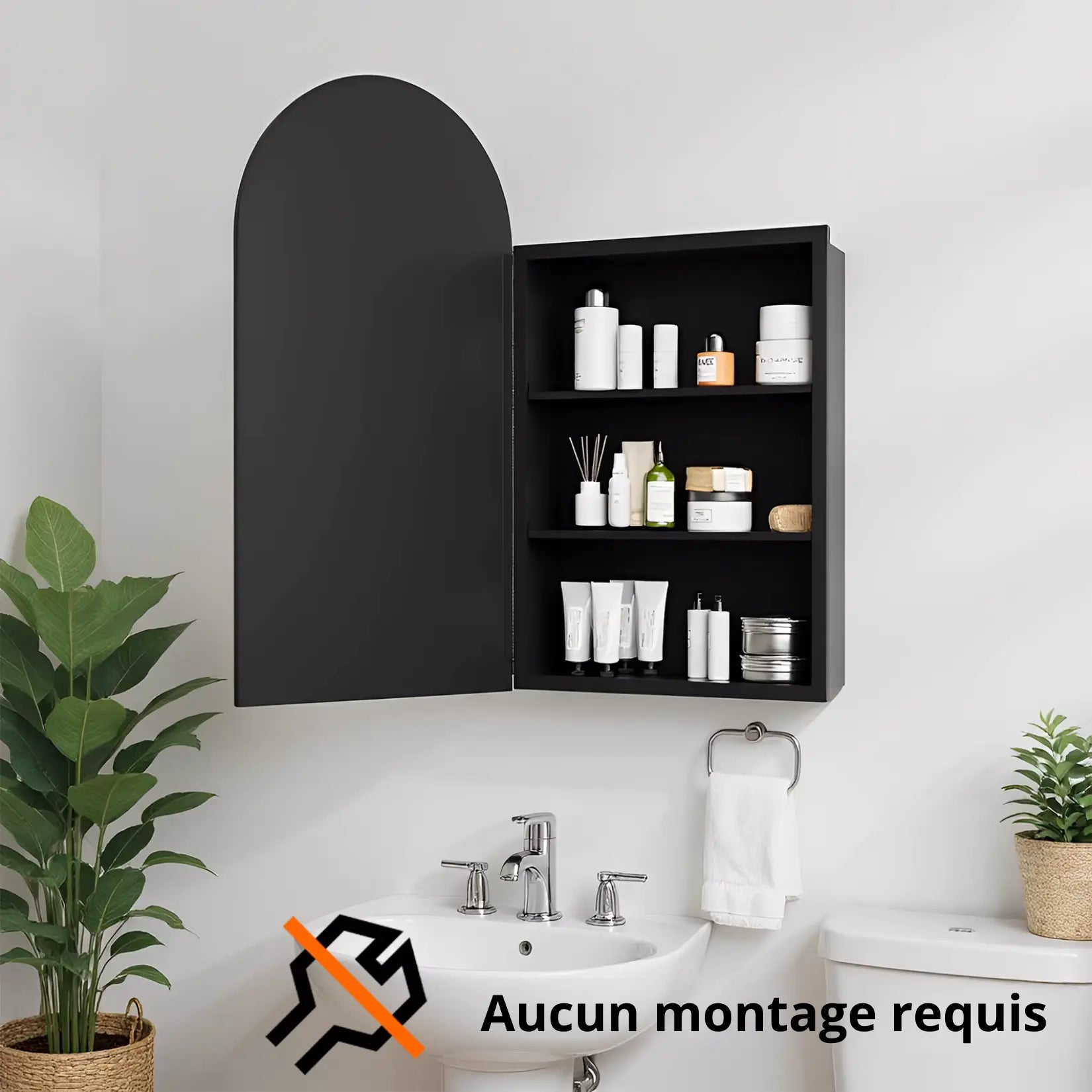 Armoire Salle de Bain Miroir LED Noir - Porte Ouverte Rangement.