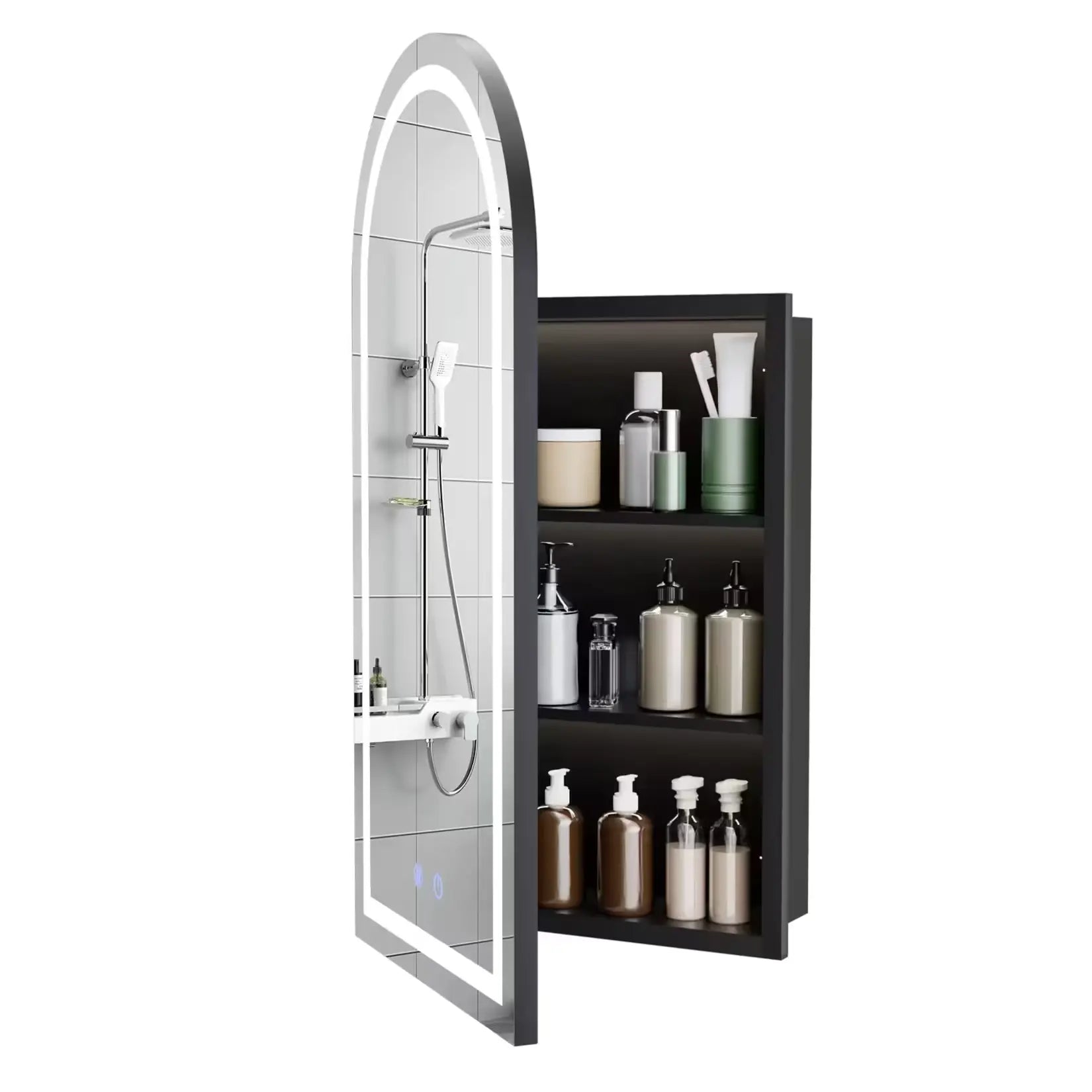 Armoire Salle de Bain Miroir LED Noir - Vue Trois Quarts Ouverte.