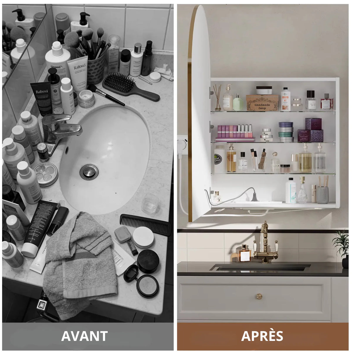 Avant/après : plan de vasque encombré, puis rangé dans l'armoire de toilette arche.