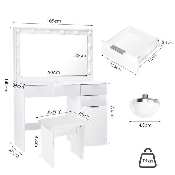 Dimensions détaillées de la coiffeuse avec grand miroir et tabouret inclus.