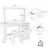 Dimensions détaillées de la coiffeuse avec grand miroir et tabouret inclus.