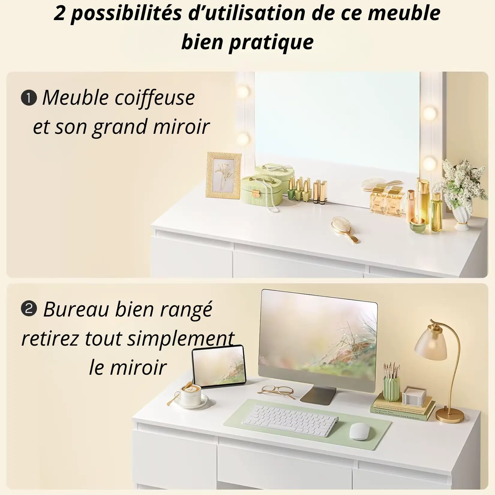 Image comparative montrant la coiffeuse avec miroir LED, puis transformée en bureau moderne.
