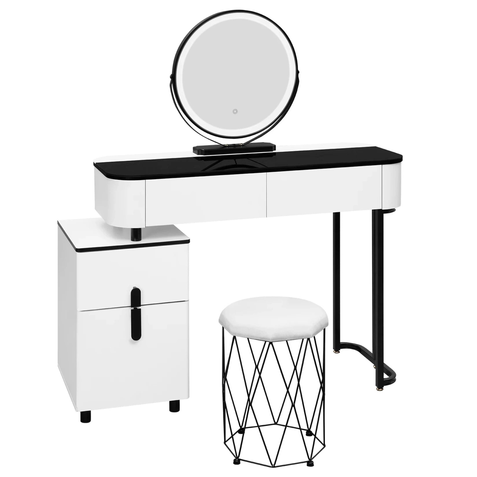 Coiffeuse avec miroir LED et tabouret blanc au style contemporain, parfait ensemble pour coin beauté.