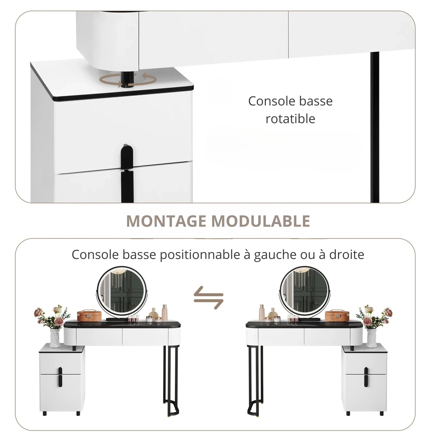 Coiffeuse avec miroir LED dotée d’une console modulable pouvant se positionner à gauche ou à droite.