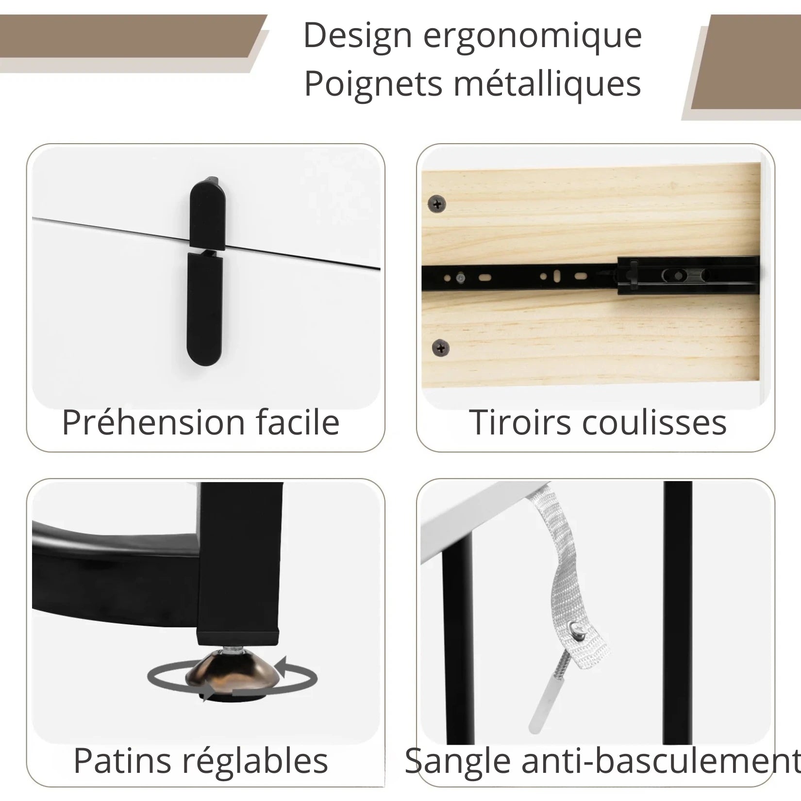 Détails techniques de la coiffeuse avec miroir LED : poignées métalliques, patins réglables et sangle de sécurité.