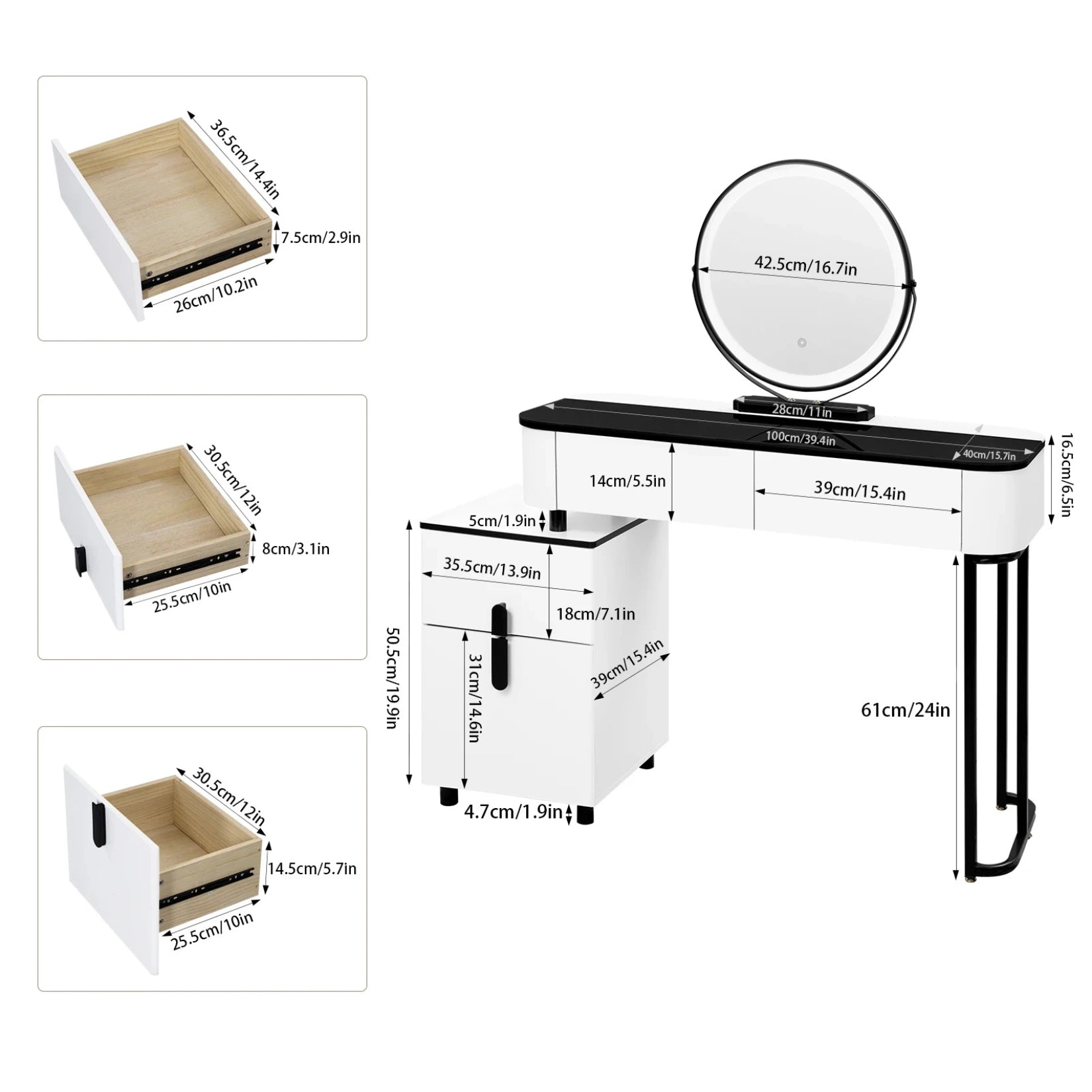 Dimensions détaillées de la coiffeuse avec miroir LED, grands tiroirs et plateau fonctionnel.