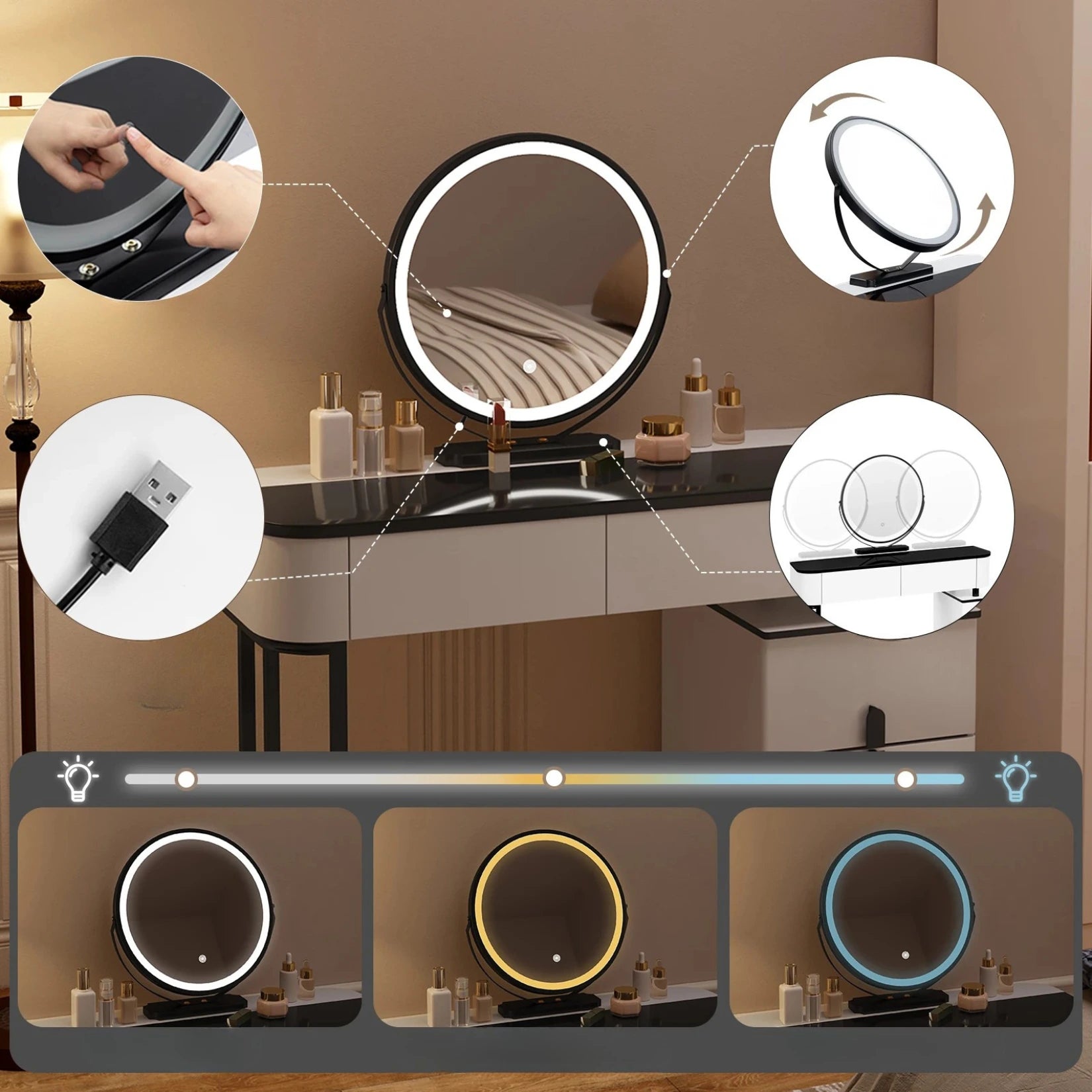 Coiffeuse avec miroir LED tactile, trois teintes lumineuses réglables et alimentation USB intégrée.