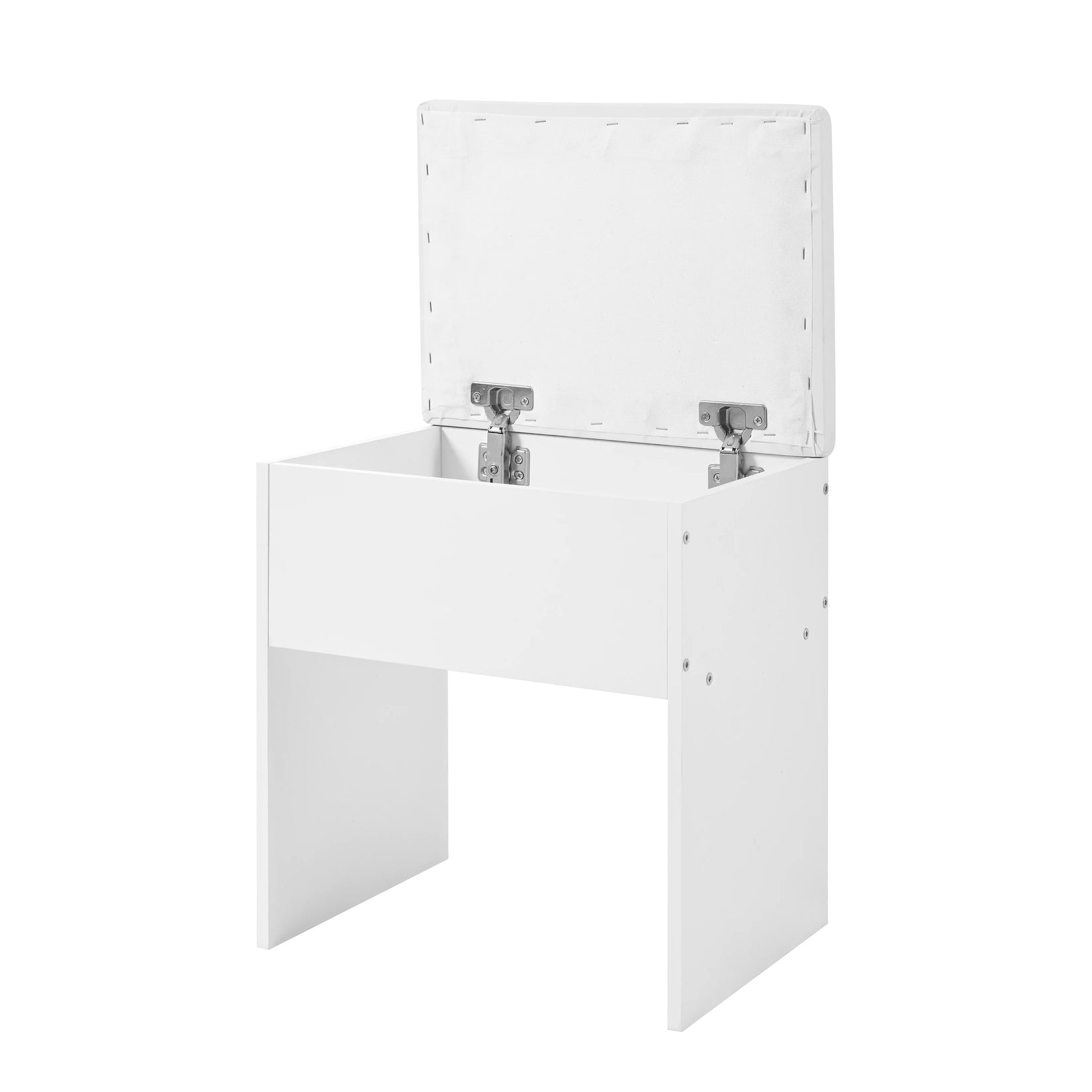 Tabouret avec espace de rangement inclus pour la coiffeuse avec miroir LED.
