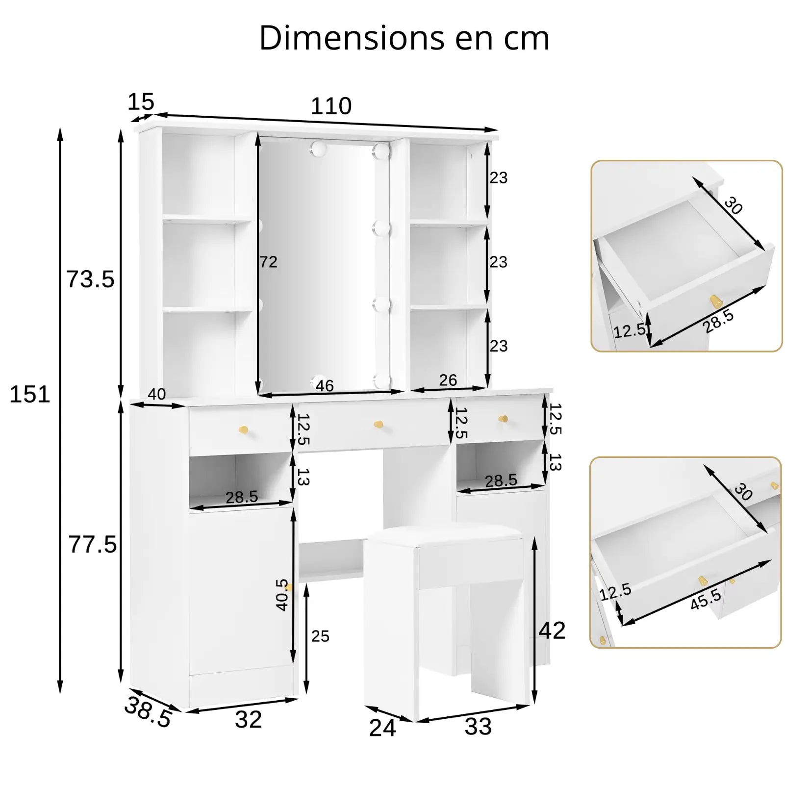 Dimensions complètes de la coiffeuse avec miroir LED et tabouret – vue technique avec mesures précises.