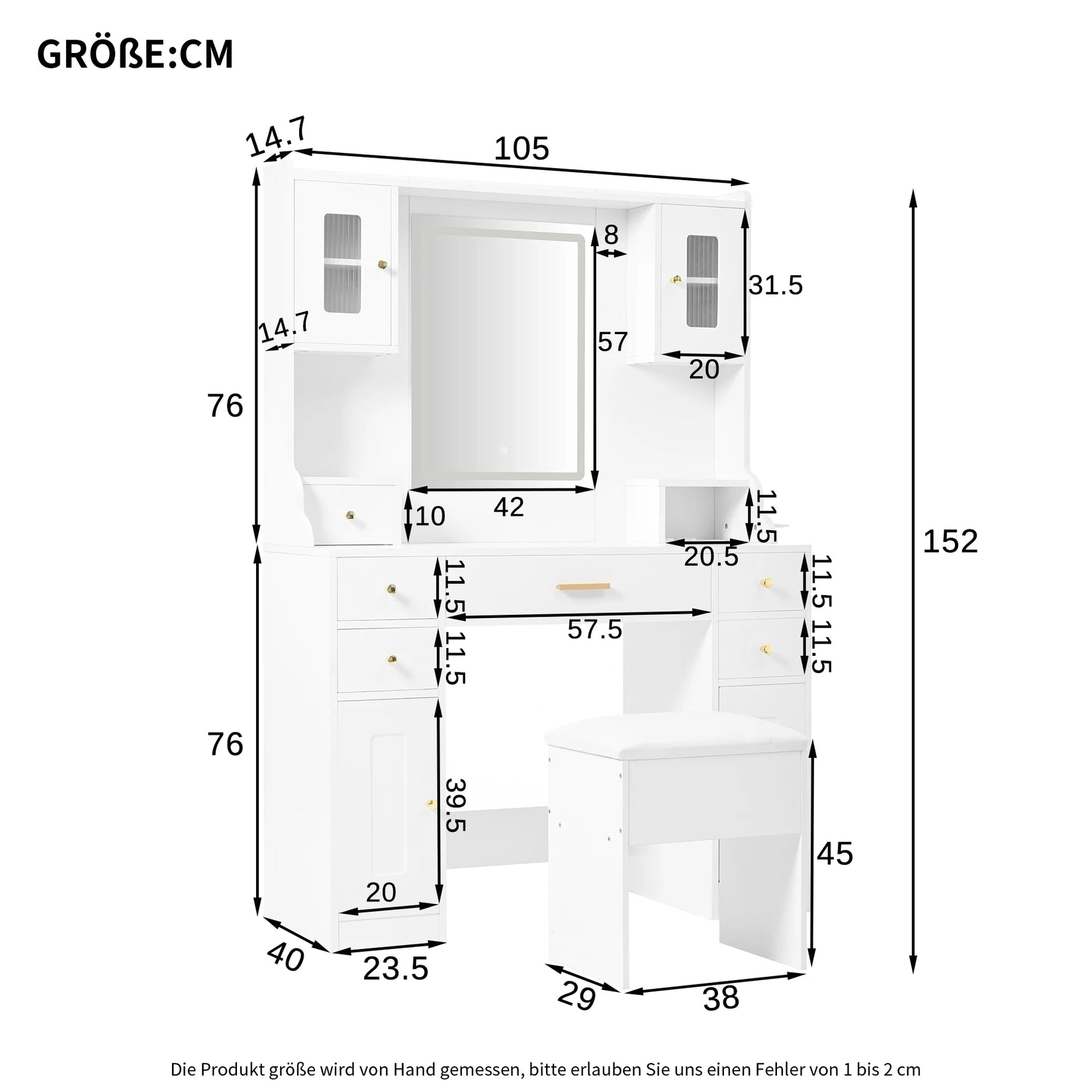 Dimensions complètes de la coiffeuse avec miroir LED et tabouret blanc.