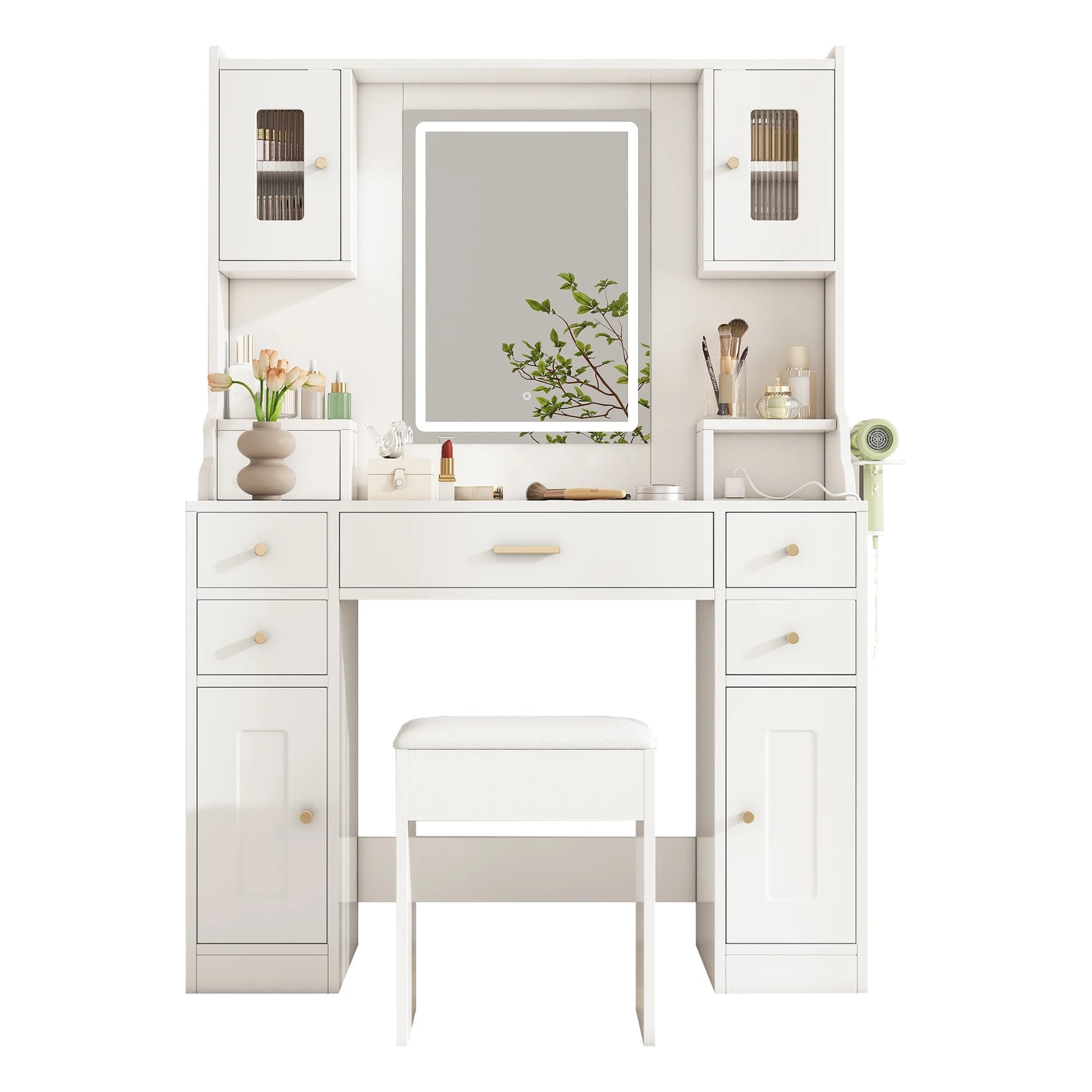 Meuble maquillage blanc avec miroir LED et tabouret assorti, vue de face.