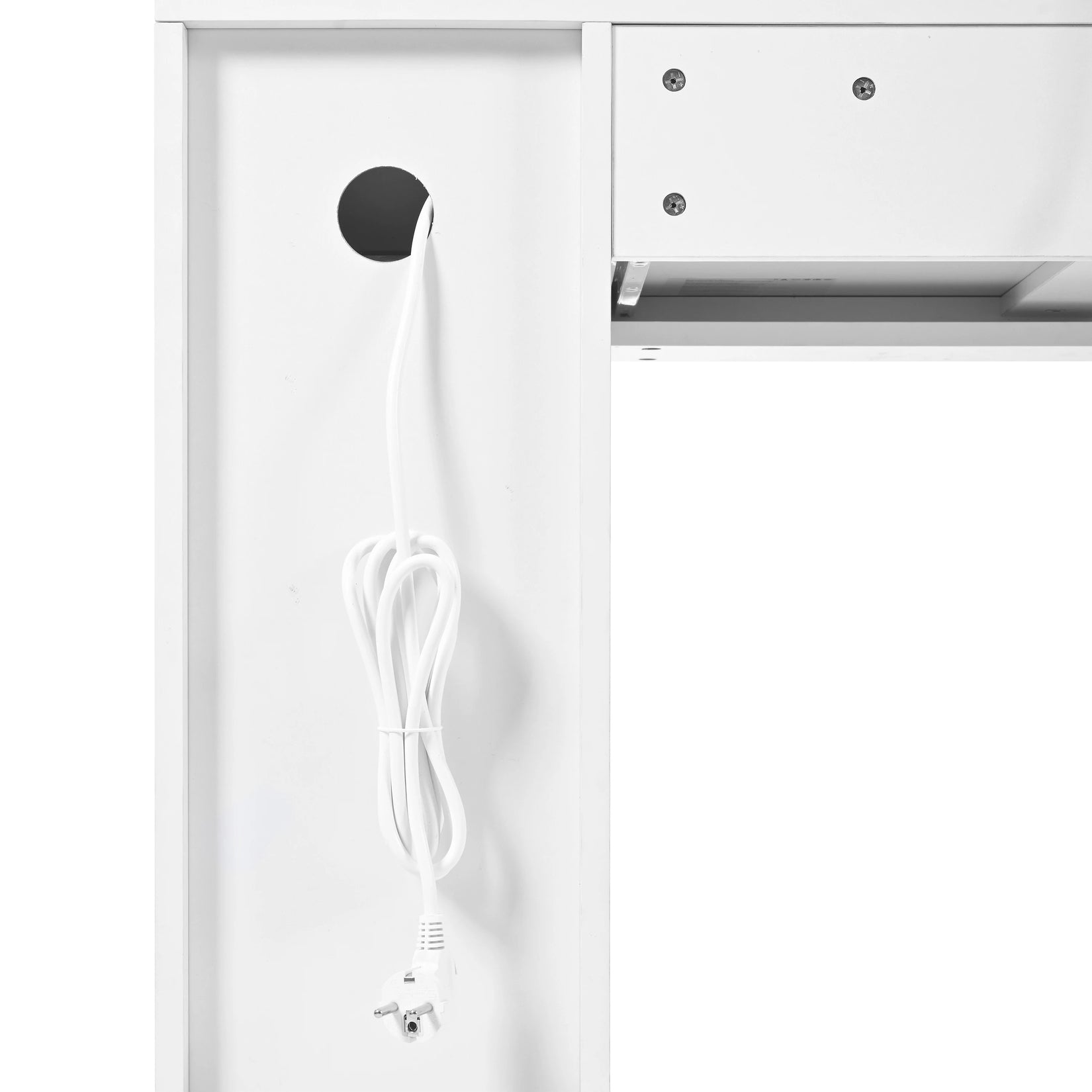 Détail de la prise électrique intégrée dans la coiffeuse avec miroir LED et tabouret.