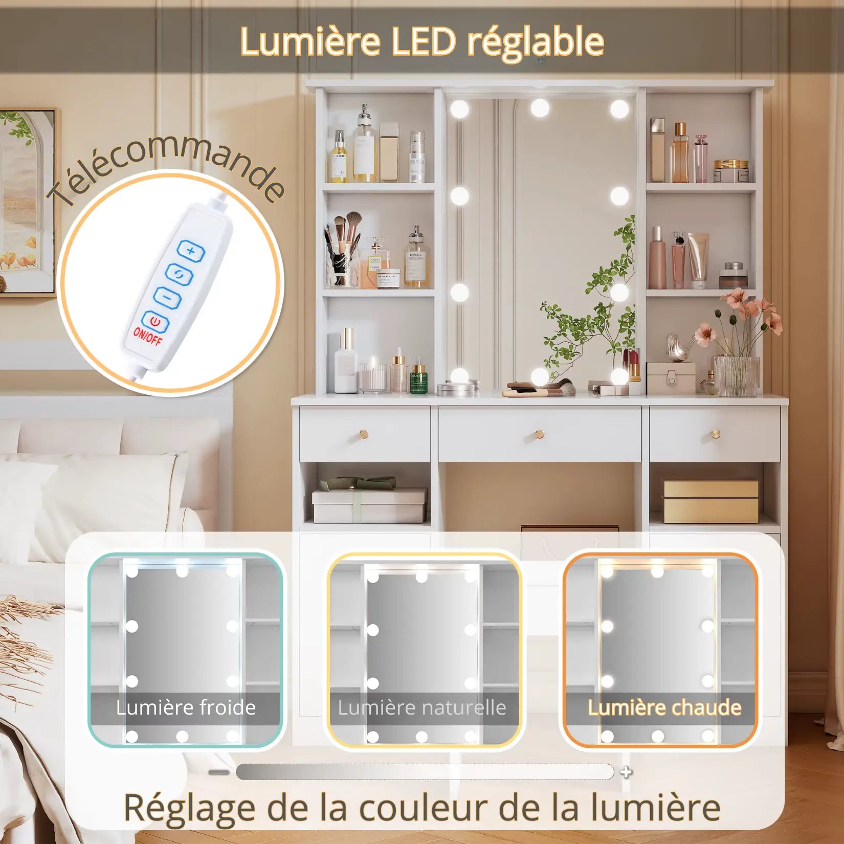 Réglage des teintes de lumière LED de la coiffeuse avec miroir – froid, naturel, chaud avec télécommande.