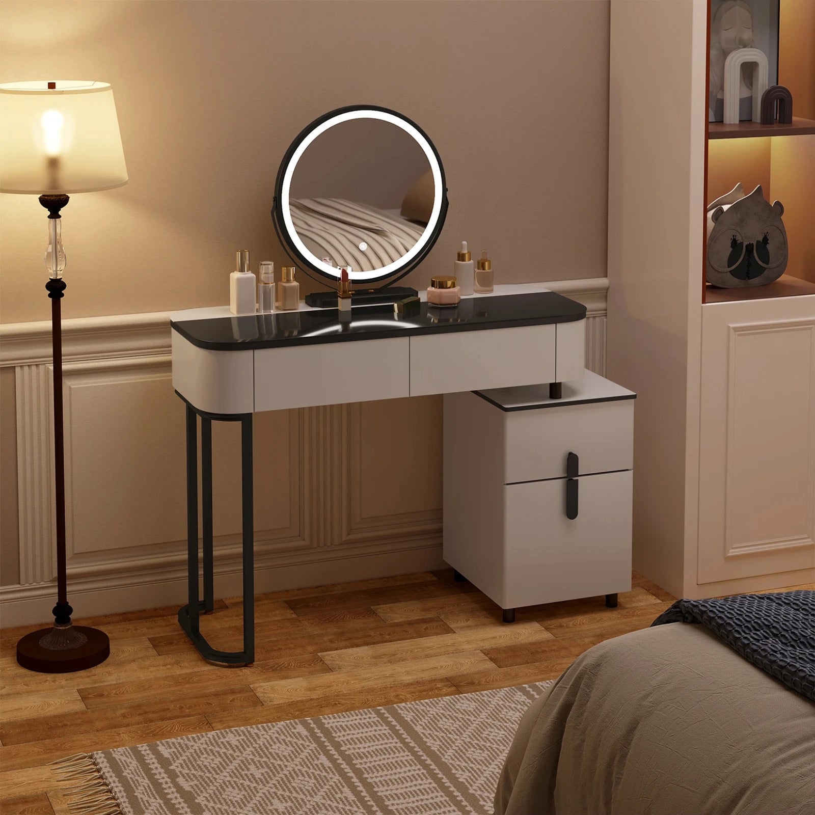 Vue des tiroirs ouverts de la coiffeuse avec miroir LED, offrant un accès pratique aux produits de beauté.