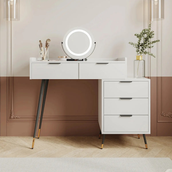 Coiffeuse avec miroir LED rond et tiroirs intégrés pour un rangement optimal.