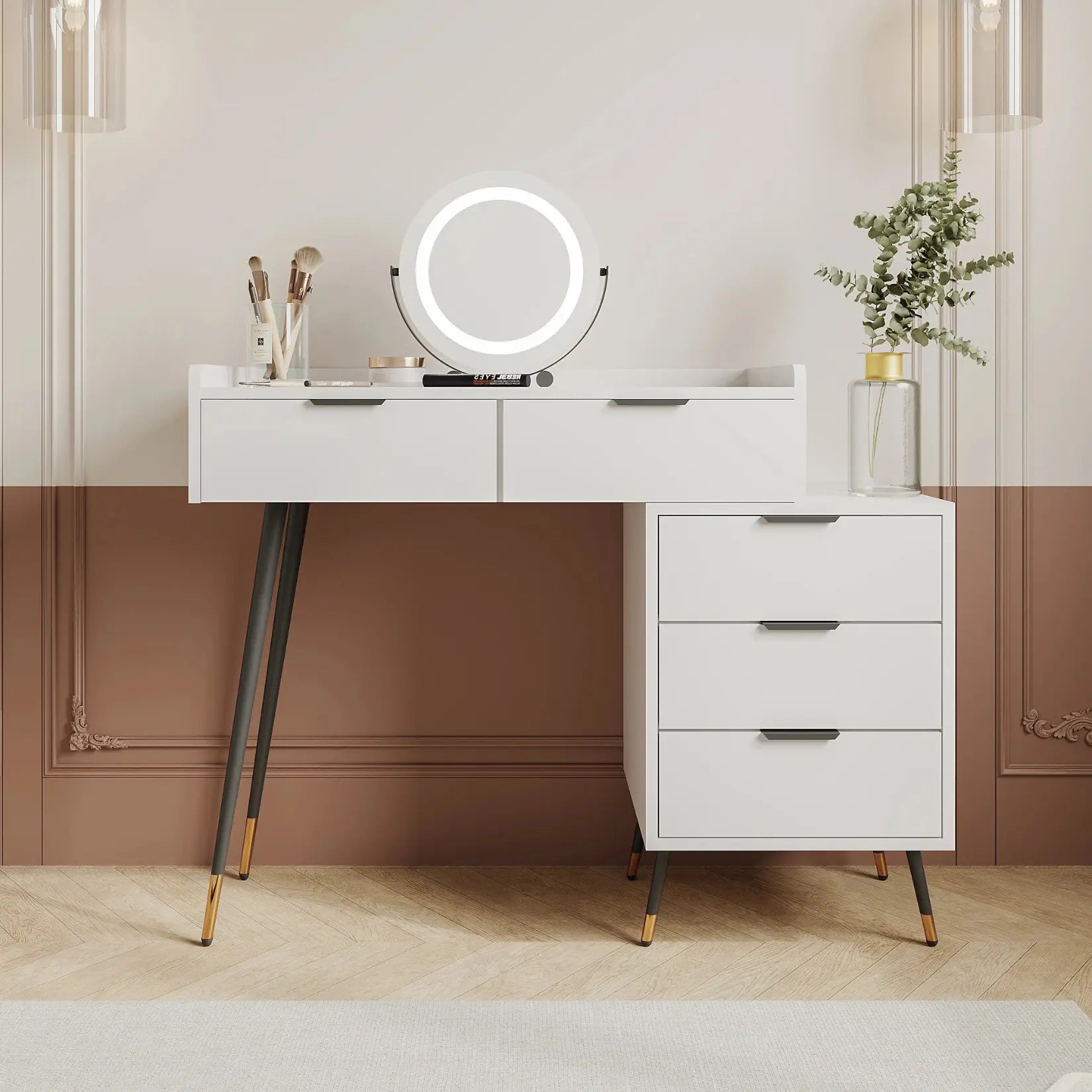 Coiffeuse avec miroir LED rond et tiroirs intégrés pour un rangement optimal.