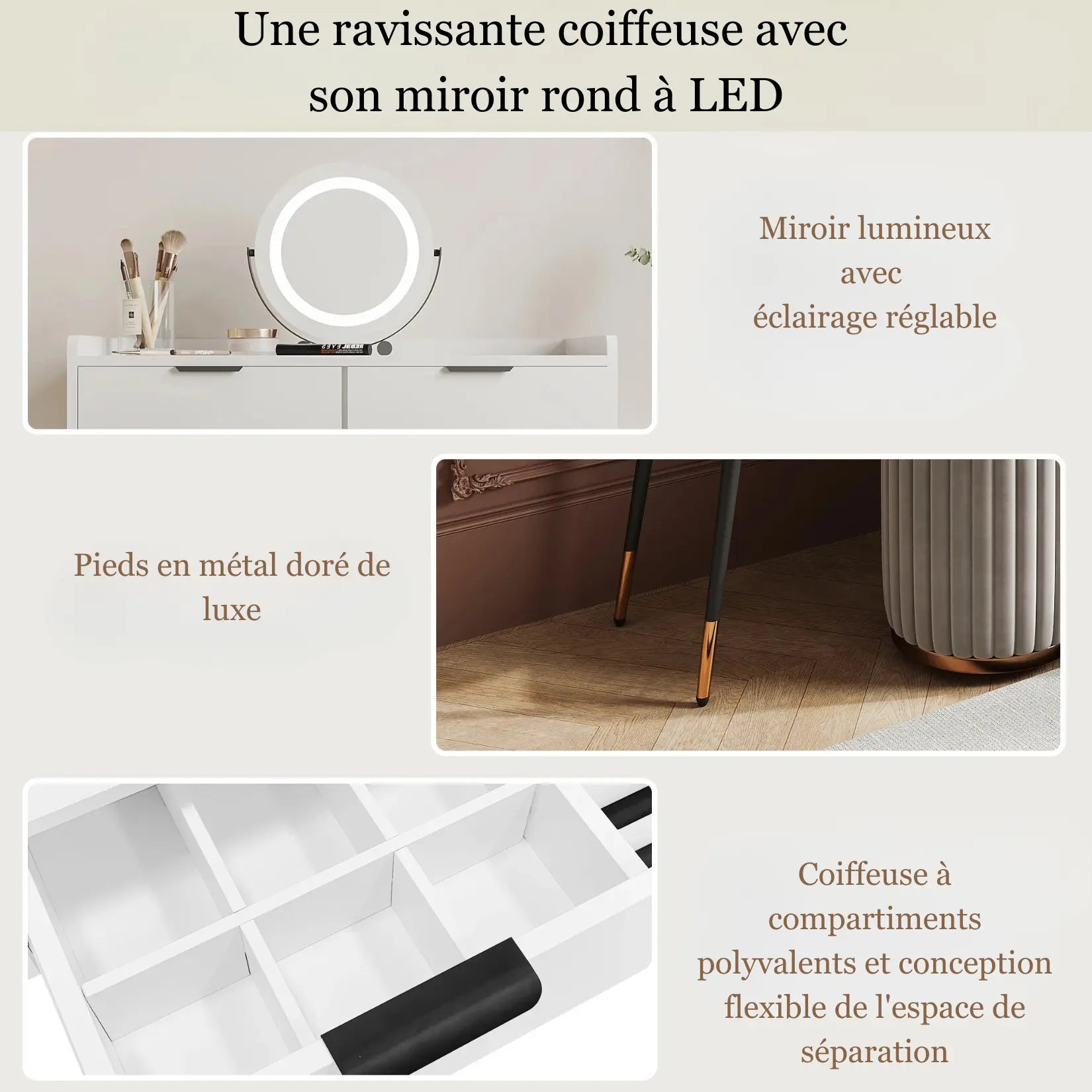 Zoom sur la coiffeuse avec miroir LED rond et ses finitions dorées.