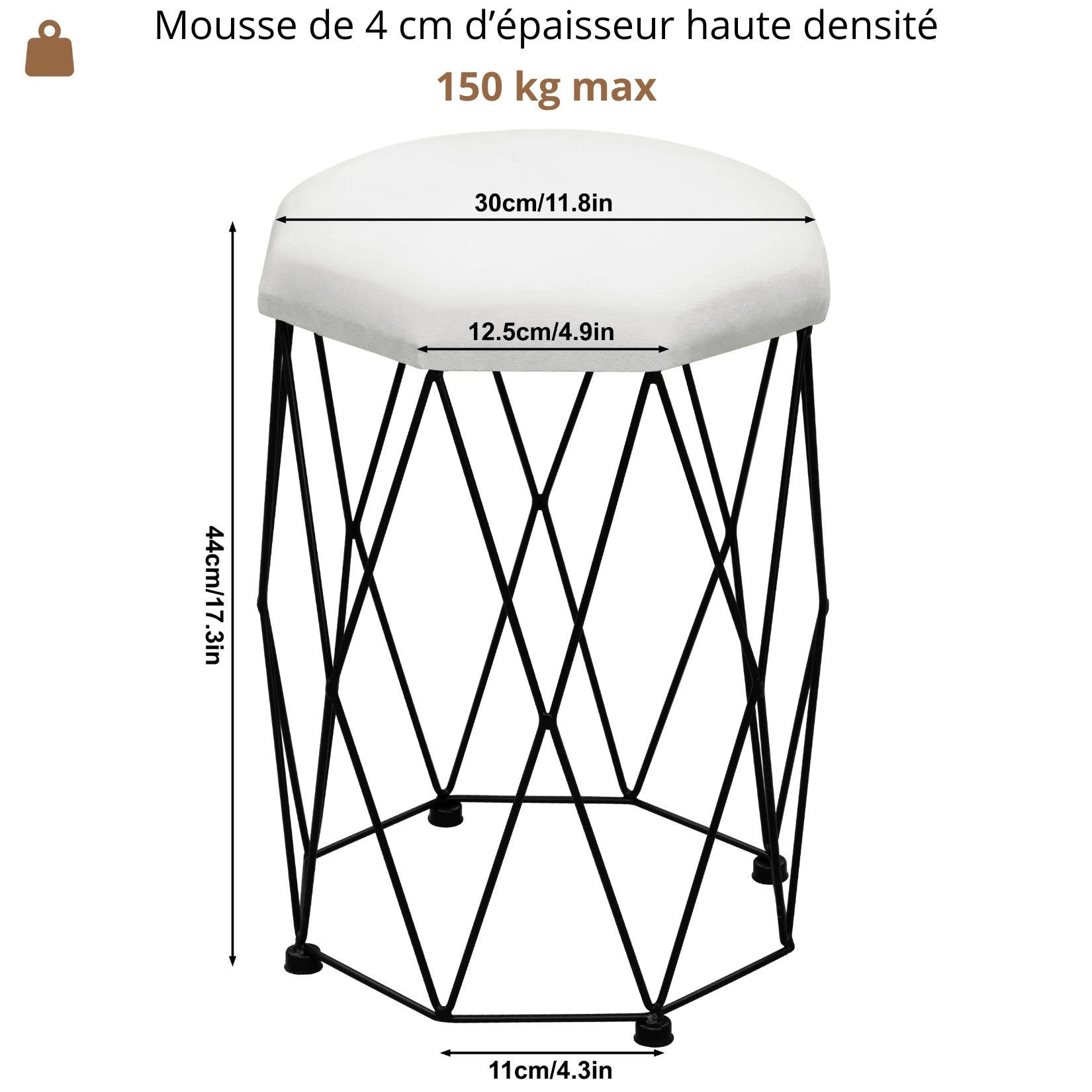 Coiffeuse avec miroir LED accompagnée d’un tabouret à mousse haute densité, supportant jusqu’à 150 kg.