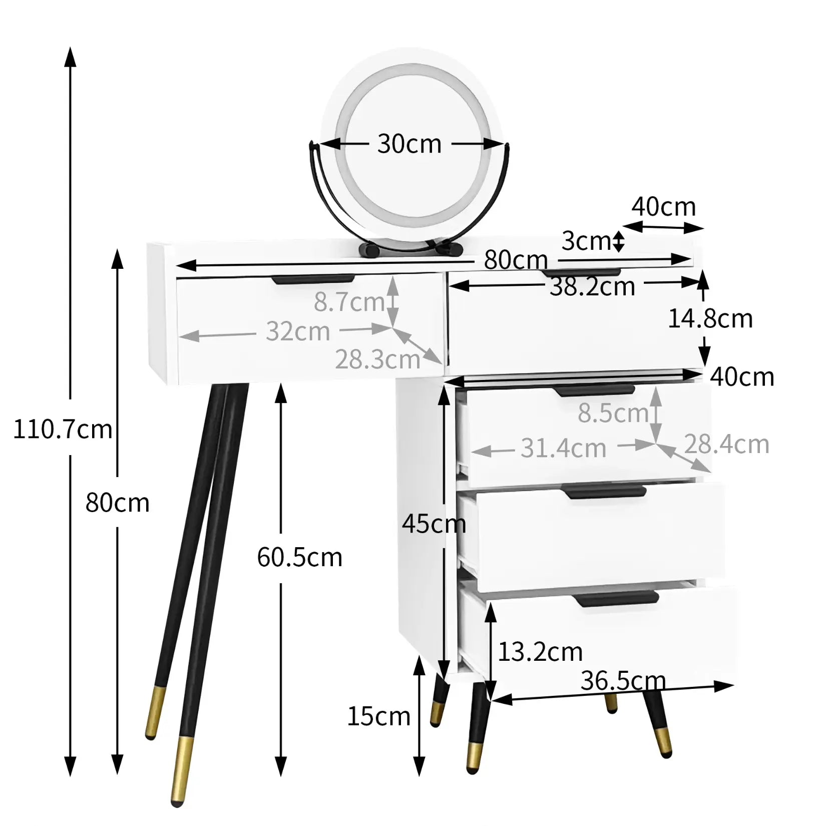 Dimensions détaillées de la coiffeuse avec miroir rond et tiroirs.