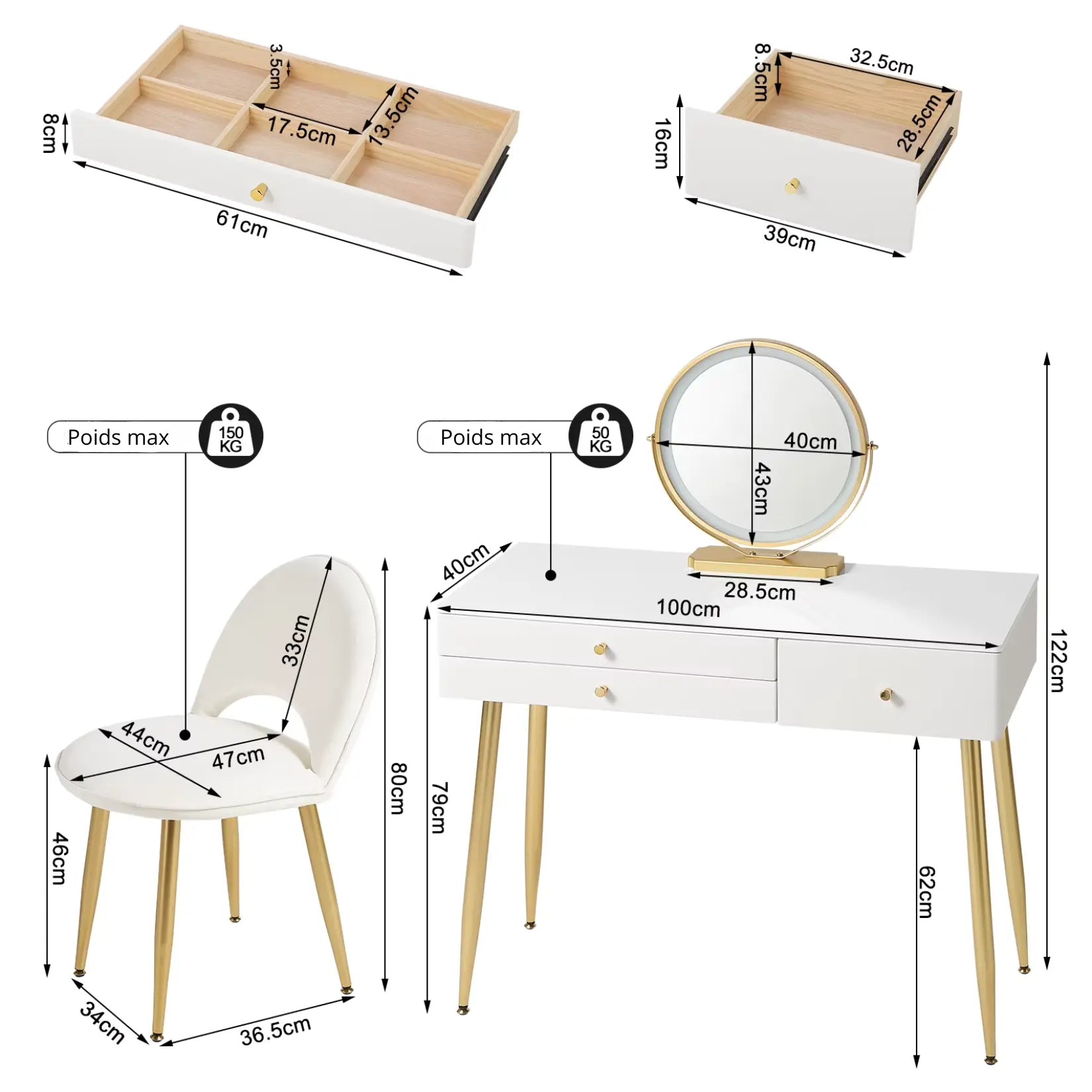 Dimensions coiffeuse avec miroir rond, chaise et tiroirs.