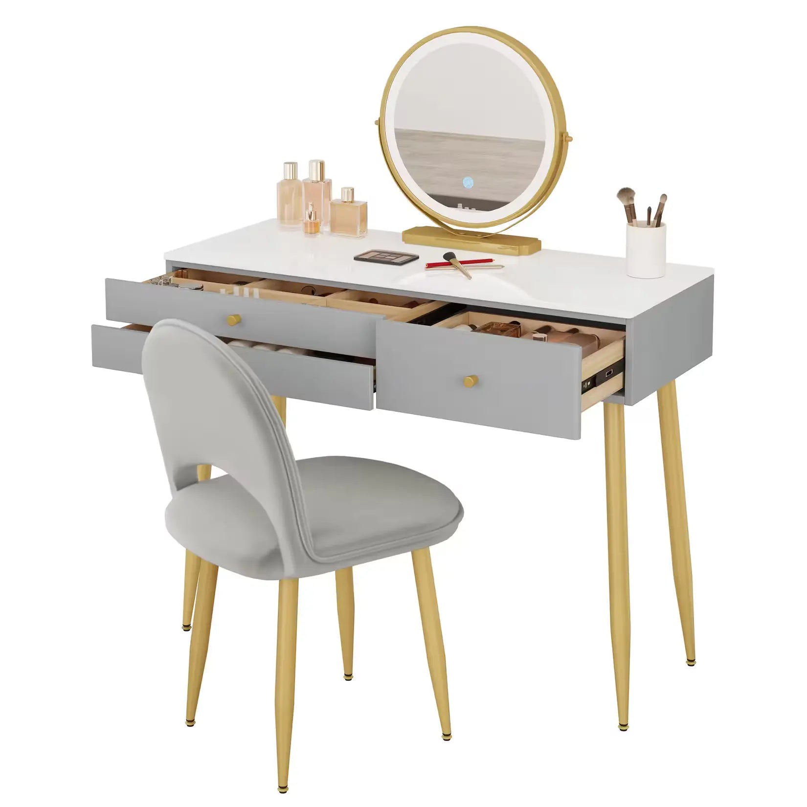 Coiffeuse miroir rond grise avec tiroirs ouverts et accessoires de beauté.