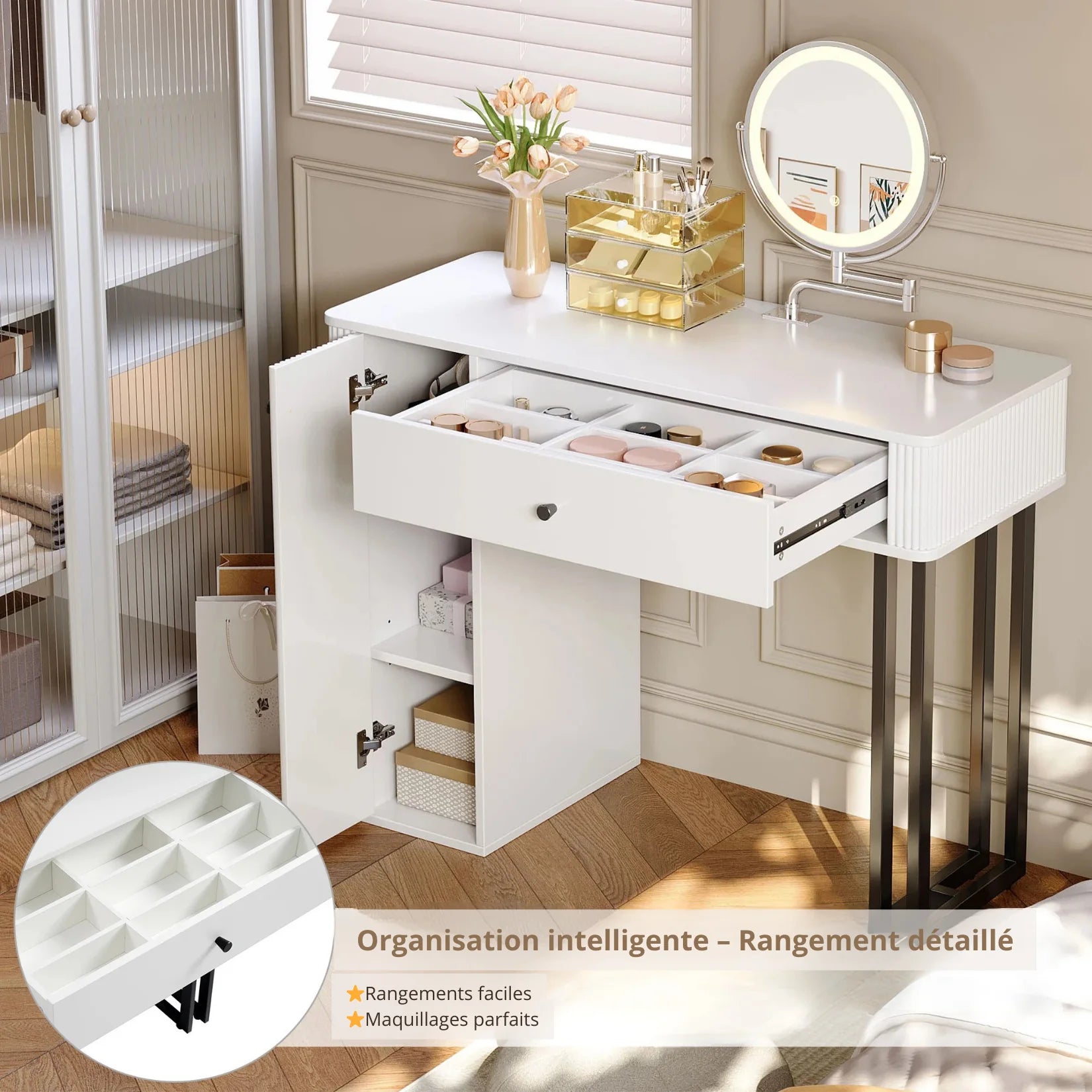 Coiffeuse avec Miroir Tiroir Compartimenté Rangement.