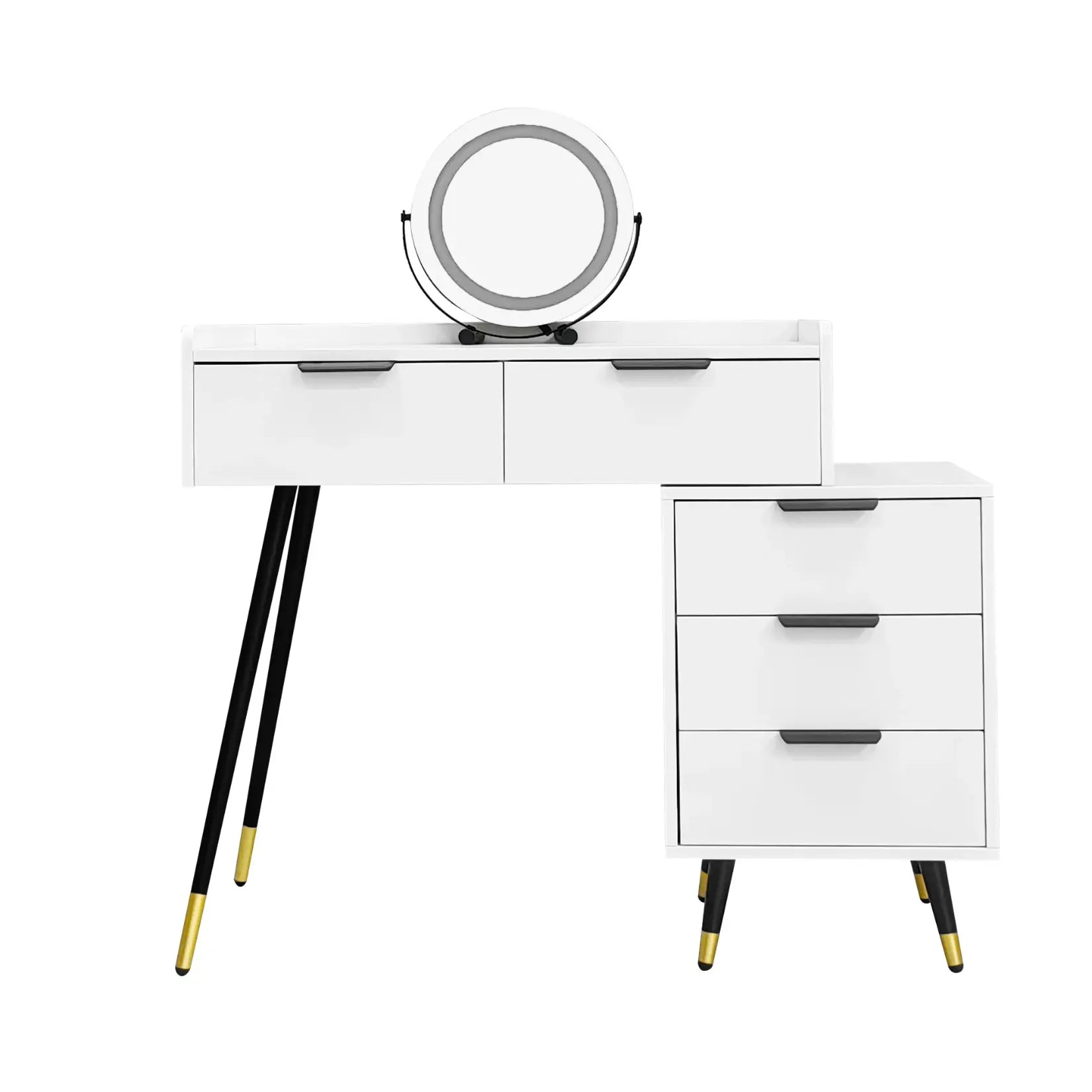 Vue frontale d’une coiffeuse avec miroir et finitions modernes.