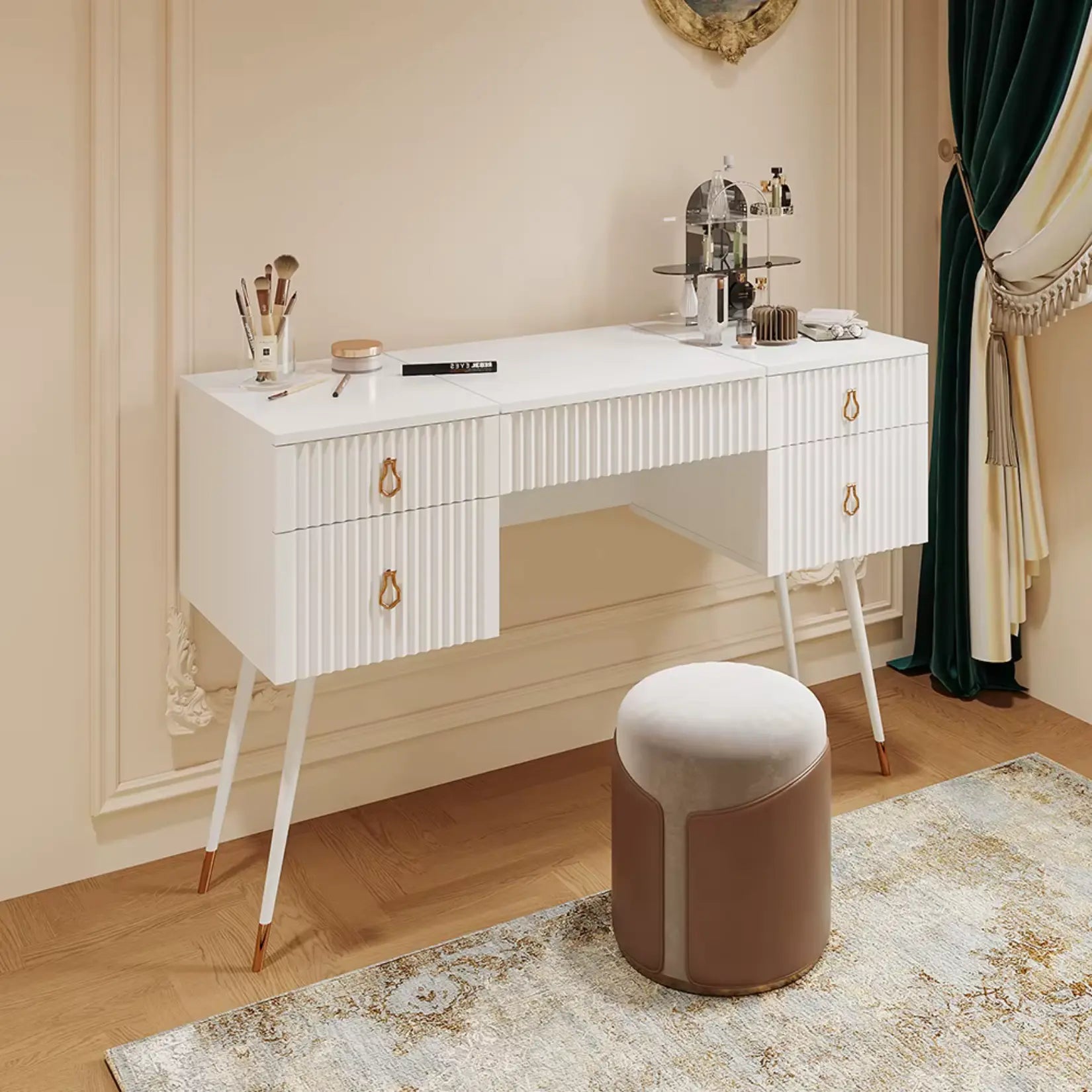 Coiffeuse Blanche Miroir LED dans Chambre avec Pouf Élégant.