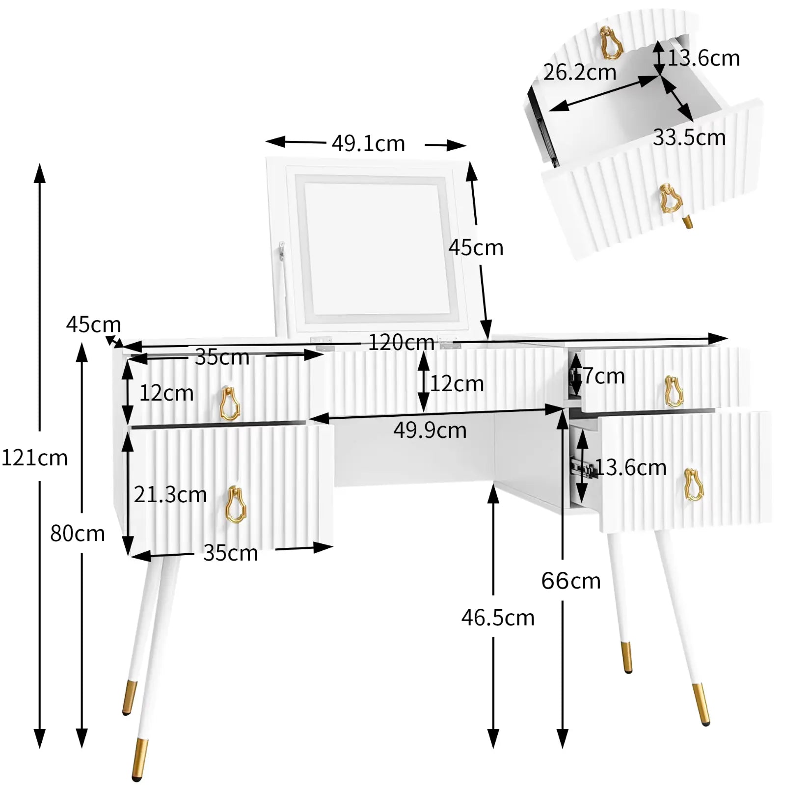 Coiffeuse Blanche Miroir LED - Dimensions Techniques et Schéma Détaillé.