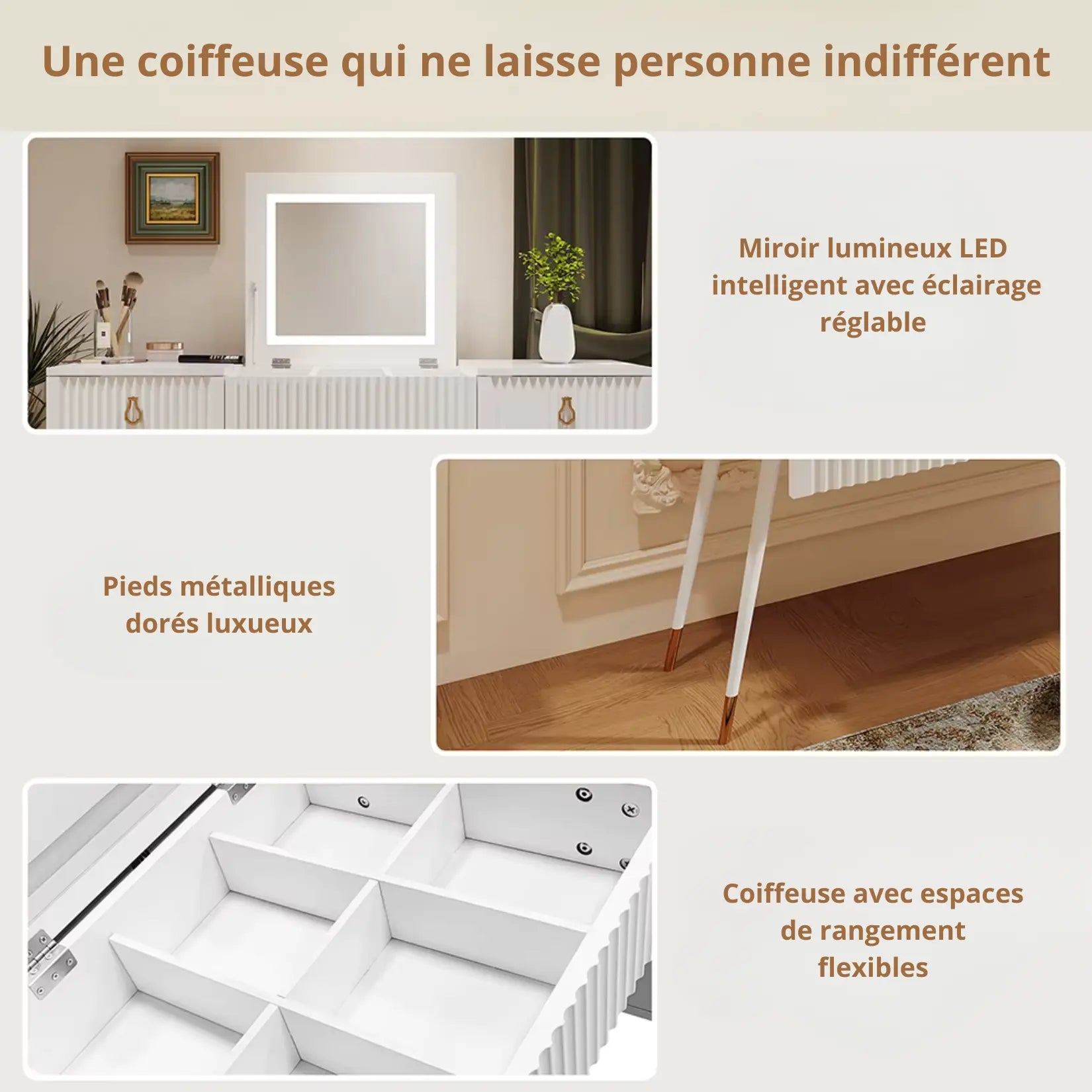 Coiffeuse Blanche - Miroir LED, Pieds Dorés et Rangements Flexibles.