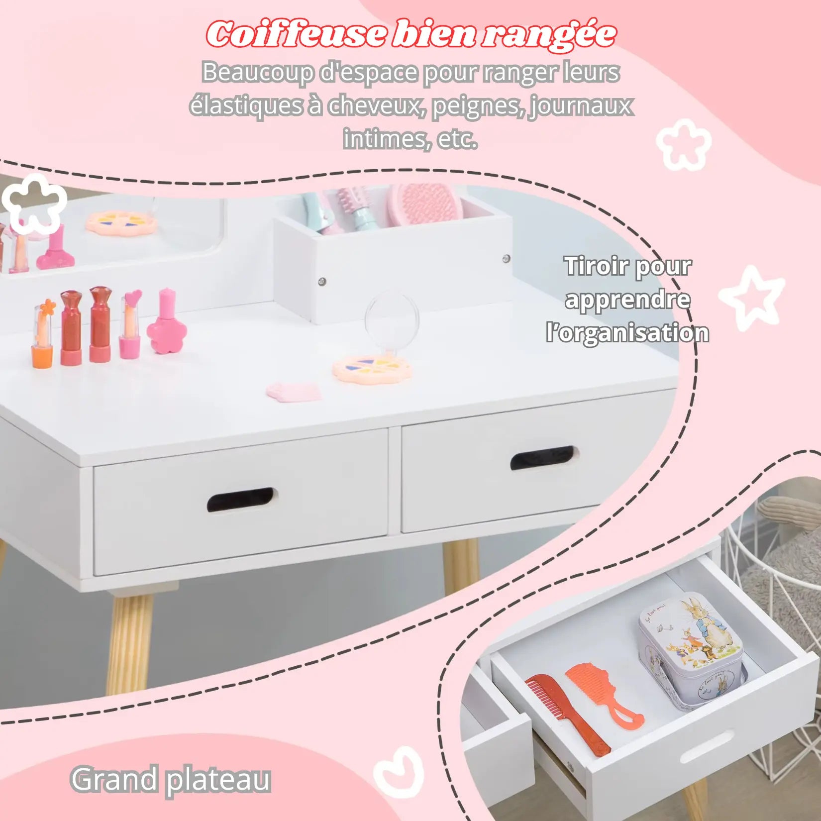 Coiffeuse enfant avec miroir blanc et espace de rangement central avec jouets.