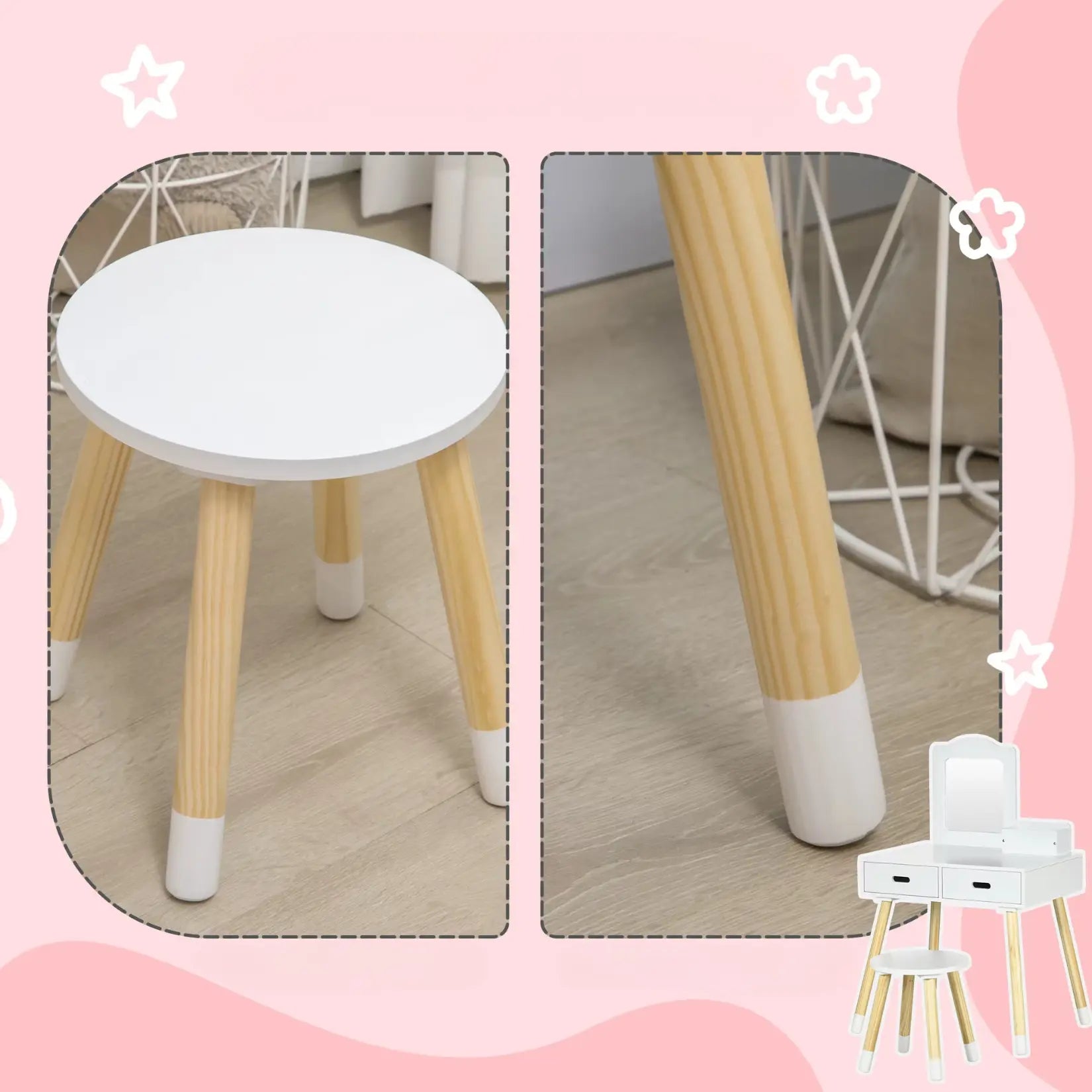 Tabouret assorti à la coiffeuse enfant avec miroir, détail des pieds bois clair et blanc.