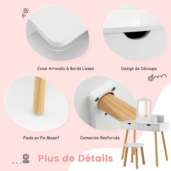 Détails de la coiffeuse enfant avec vrai miroir, matériaux durables et coins arrondis.
