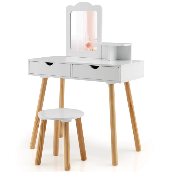 Profil gauche de la coiffeuse enfant avec vrai miroir et étagère latérale pratique.