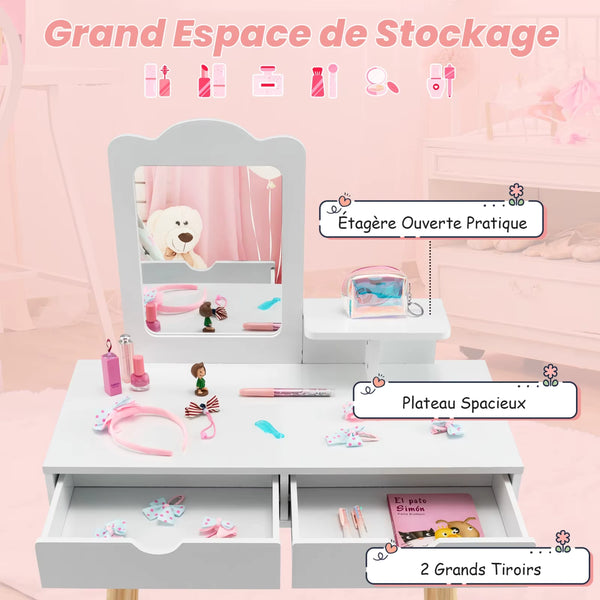 Coiffeuse enfant avec vrai miroir, deux tiroirs spacieux et étagère ouverte pour accessoires.