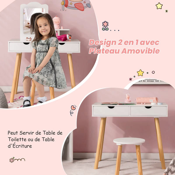 Coiffeuse enfant avec vrai miroir, transformable en table d'écriture avec miroir amovible.
