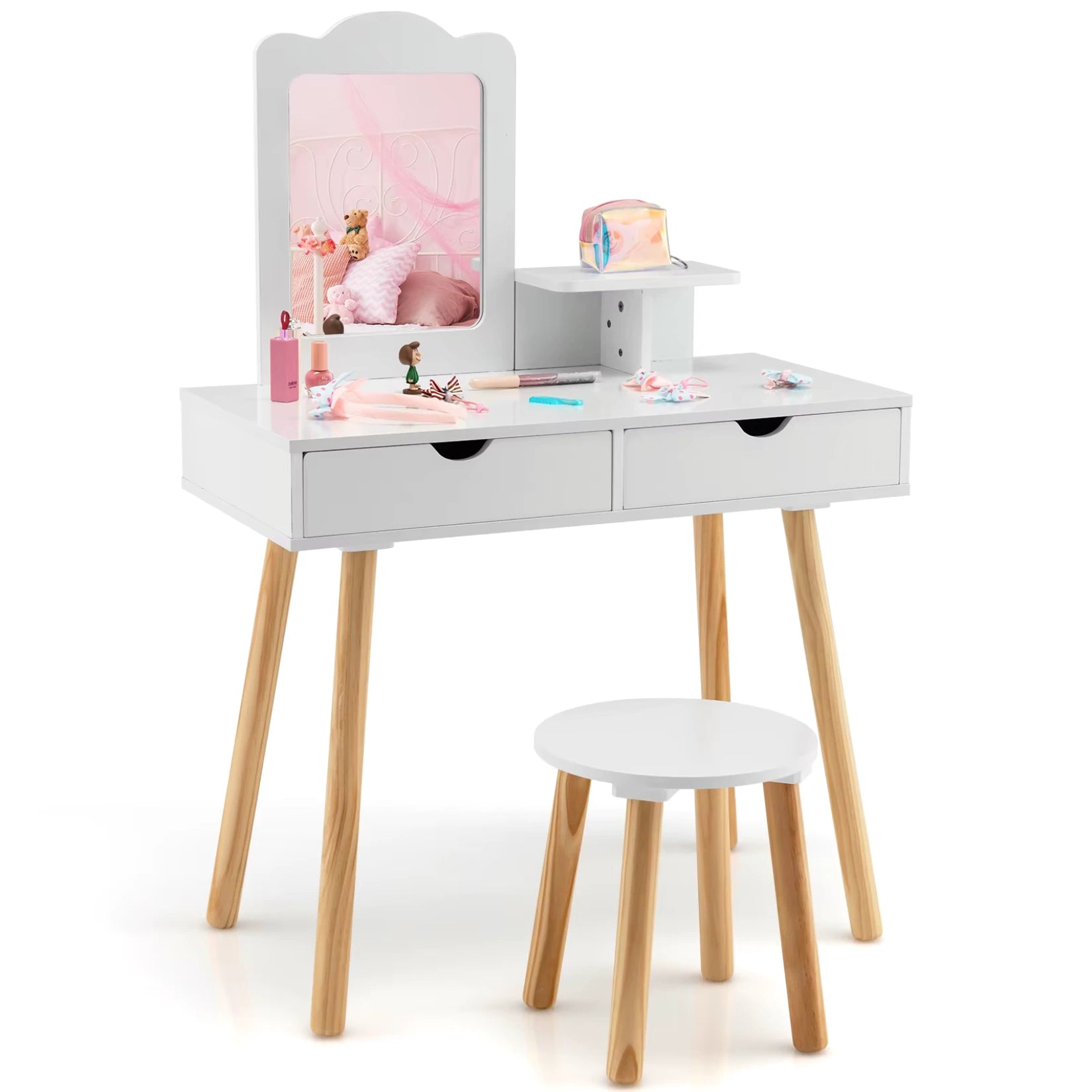 Vue de face de la coiffeuse enfant avec vrai miroir et son tabouret en bois.
