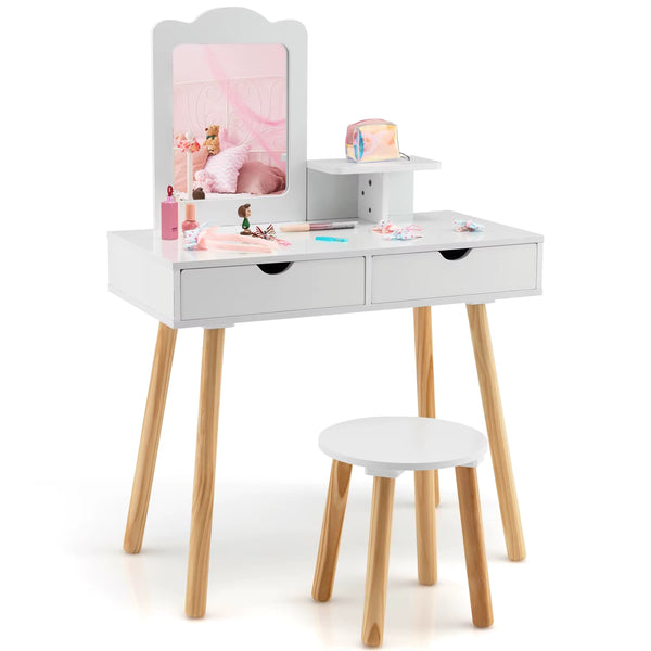 Vue de face de la coiffeuse enfant avec vrai miroir et son tabouret en bois.