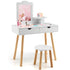Vue de face de la coiffeuse enfant avec vrai miroir et son tabouret en bois.