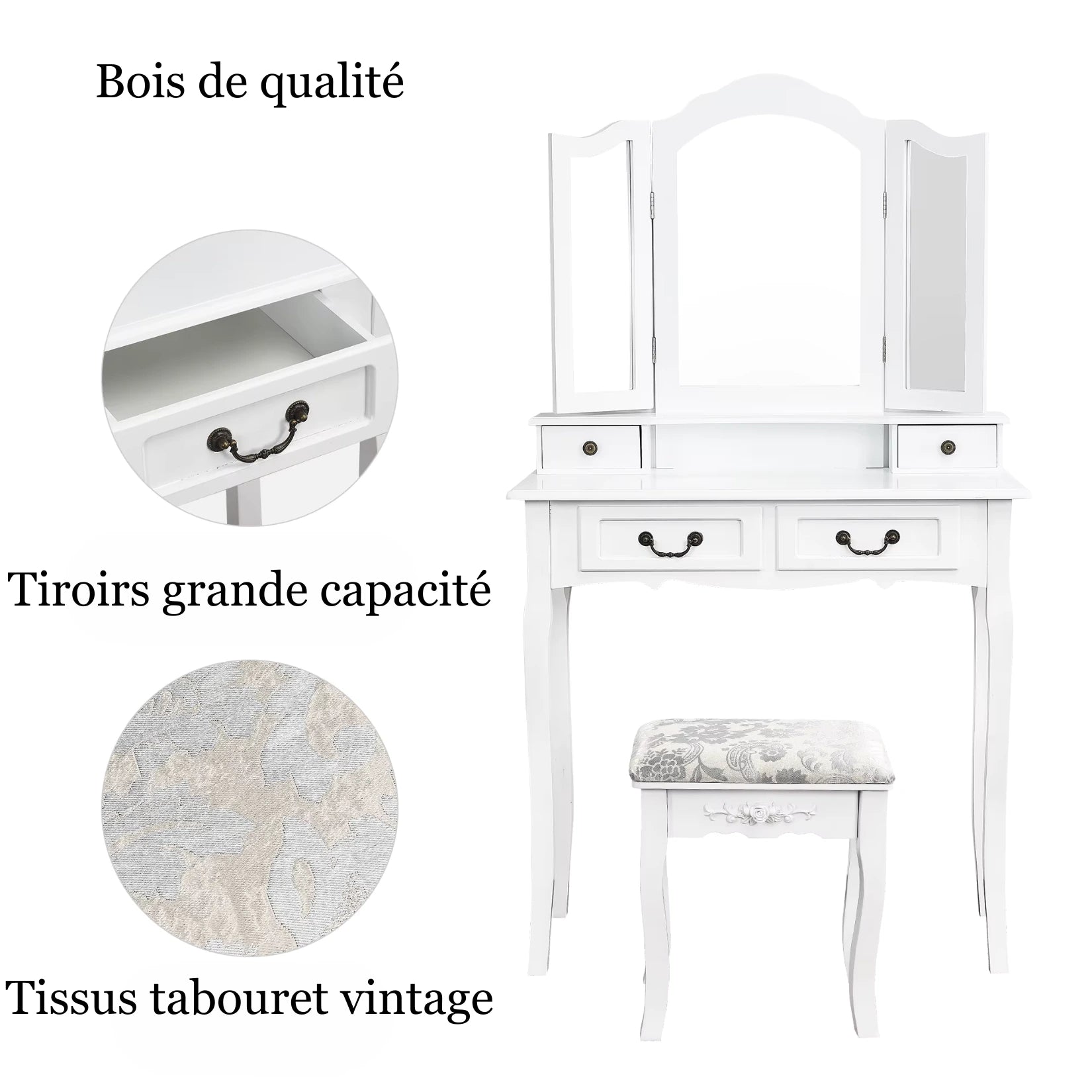 Détails du bois, des tiroirs grande capacité et tissu vintage de la coiffeuse grand tiroir 3 miroirs.