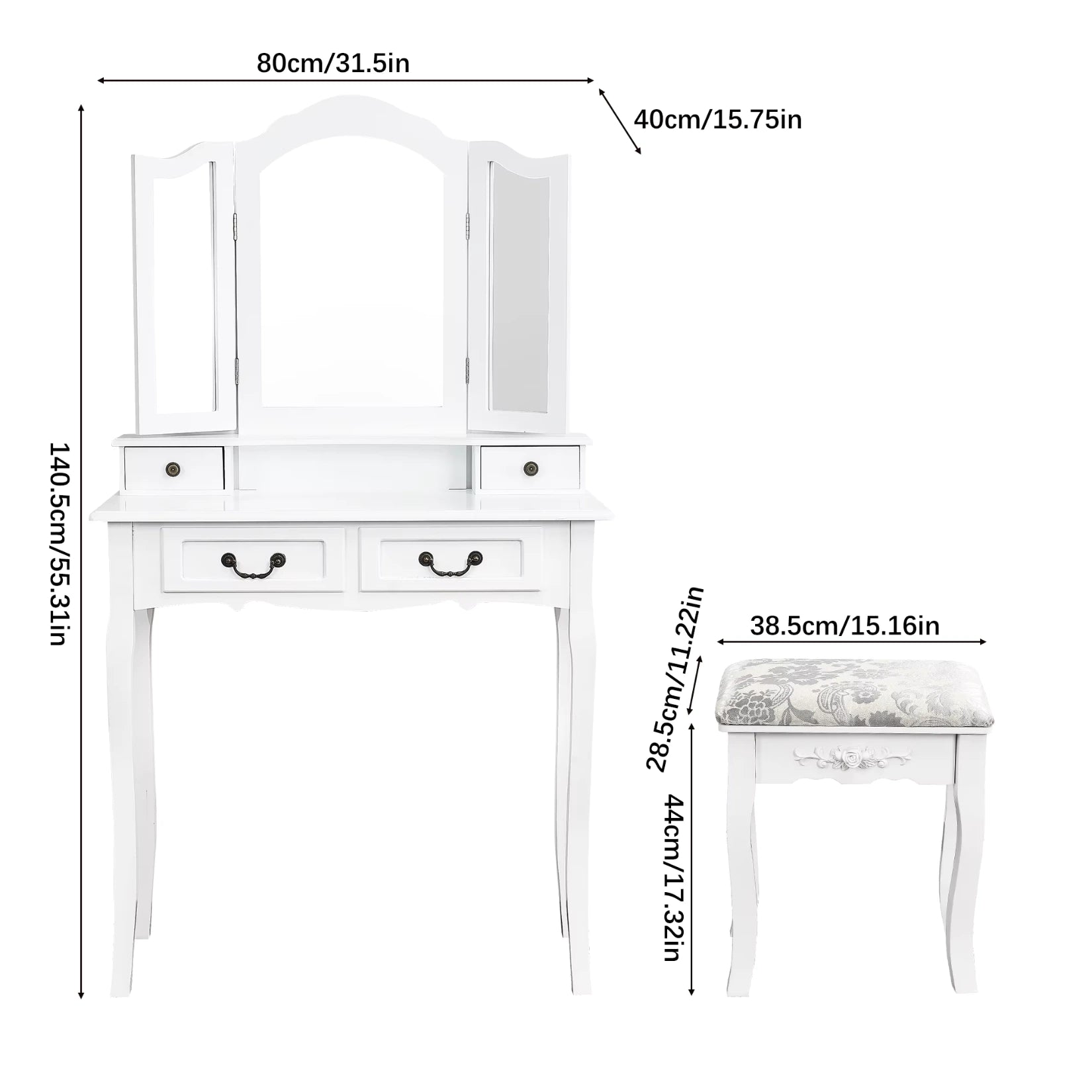 Dimensions complètes de la coiffeuse grand tiroir 3 miroirs avec tabouret assorti.