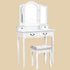 Profil latéral de la coiffeuse grand tiroir 3 miroirs avec tabouret vintage.