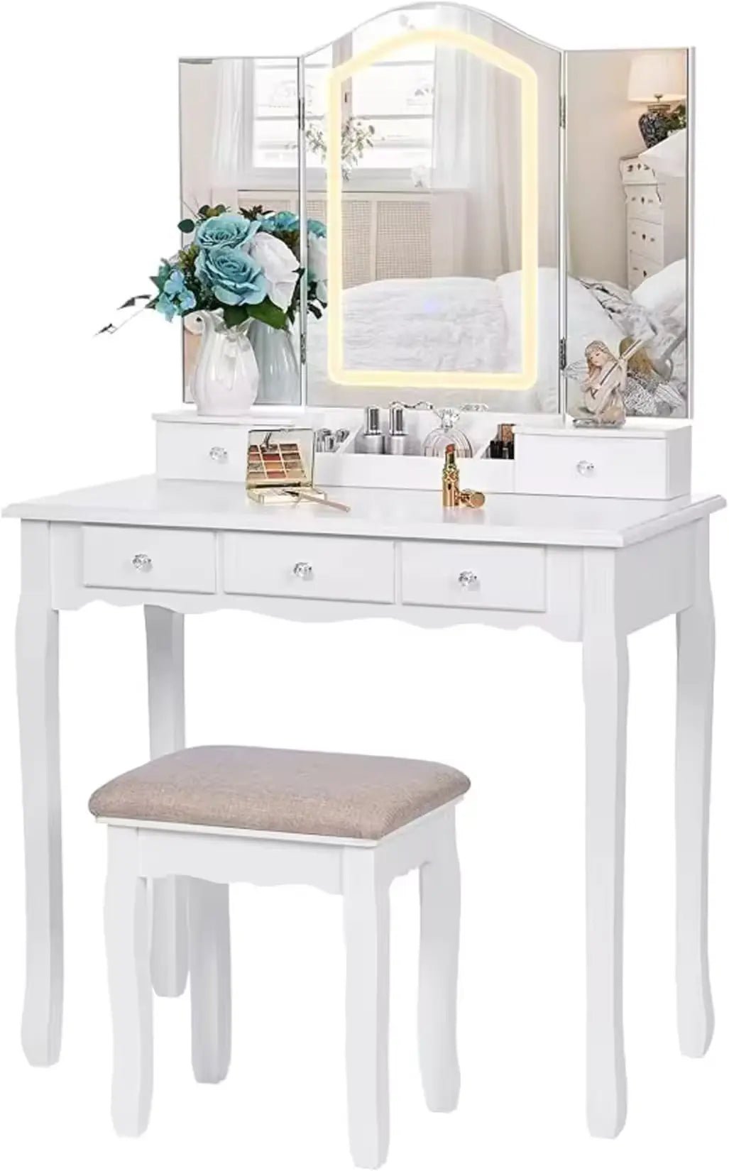 Vue d'ensemble coiffeuse grand tiroir 3 miroirs LED style vintage blanc.