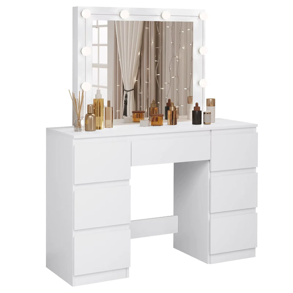Coiffeuse LED miroir avec rangements pour cosmétiques et flacons.