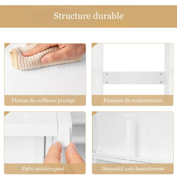 Détails de la coiffeuse LED miroir avec structure solide et sécurisée.