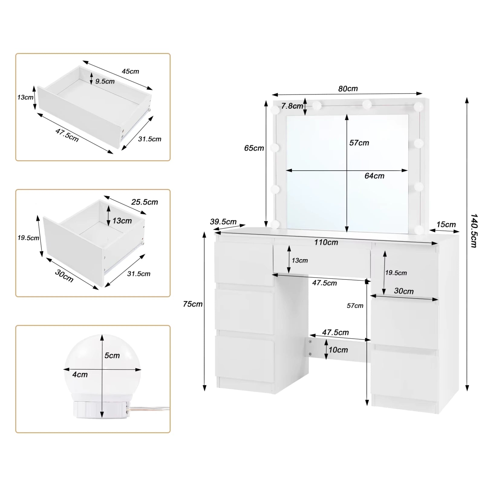 Dimensions précises de la coiffeuse LED miroir avec tiroirs spacieux.