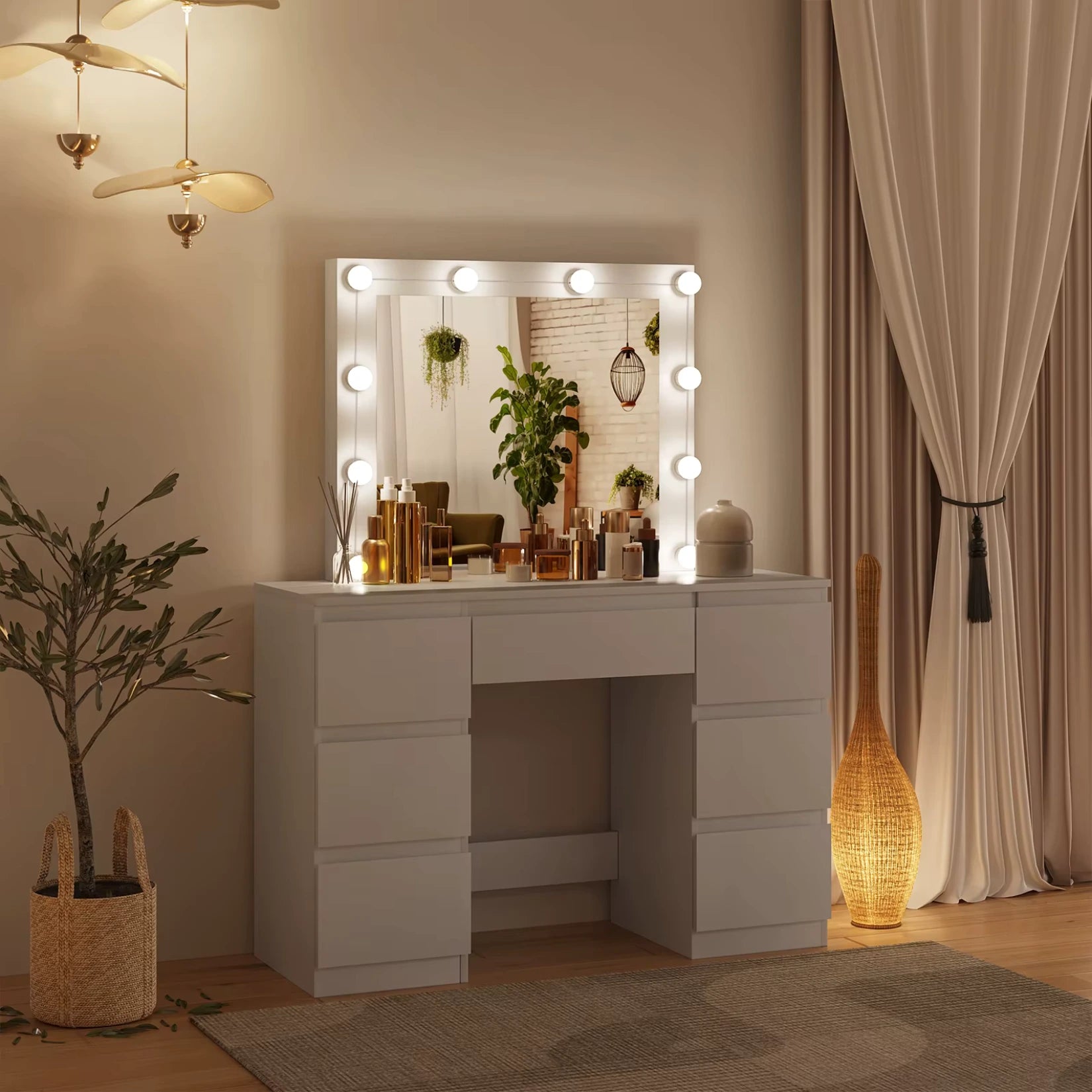 Coiffeuse LED miroir avec lumières allumées dans ambiance nocturne.