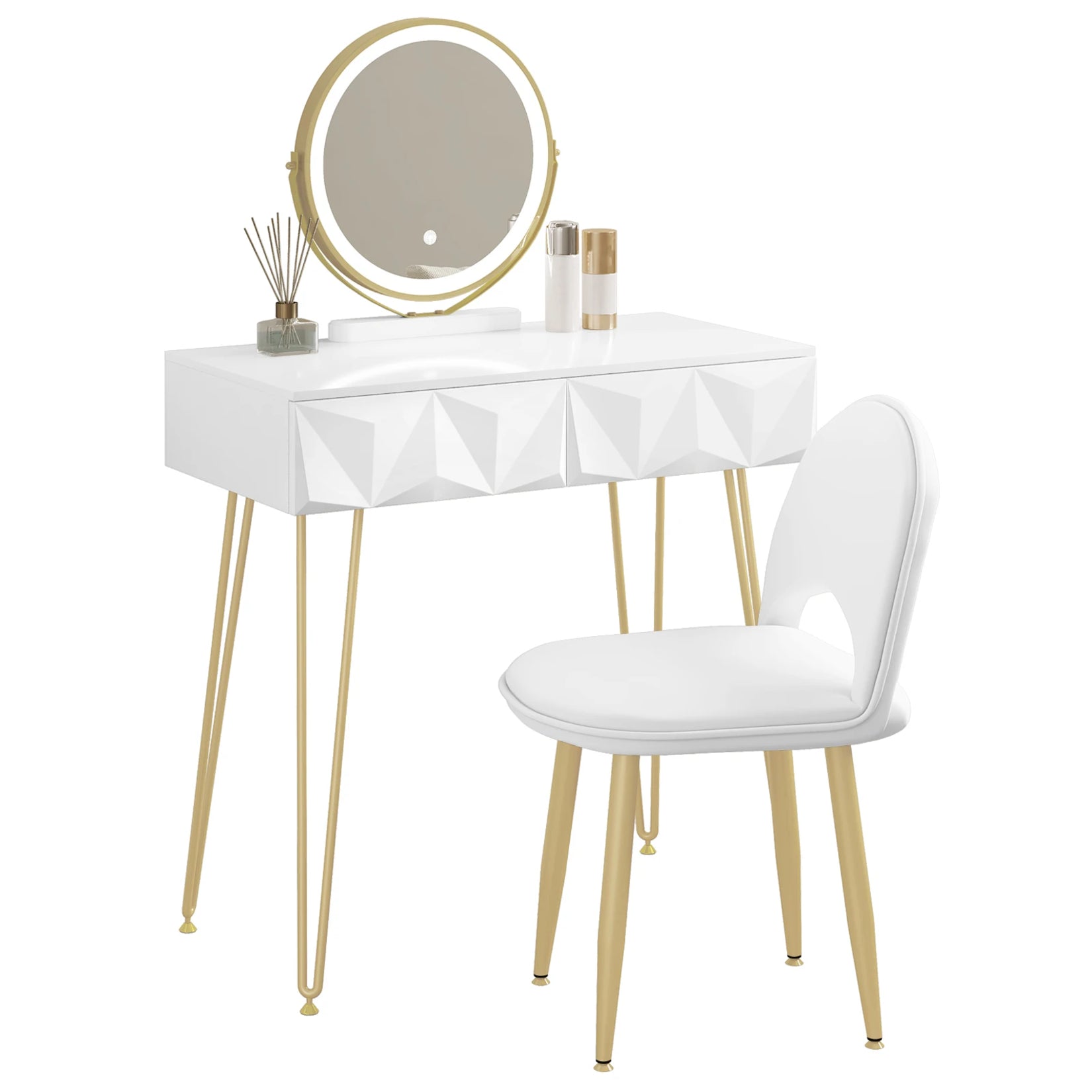 Packshot frontal de la coiffeuse avec miroir LED, plateau sculpté et chaise blanche.