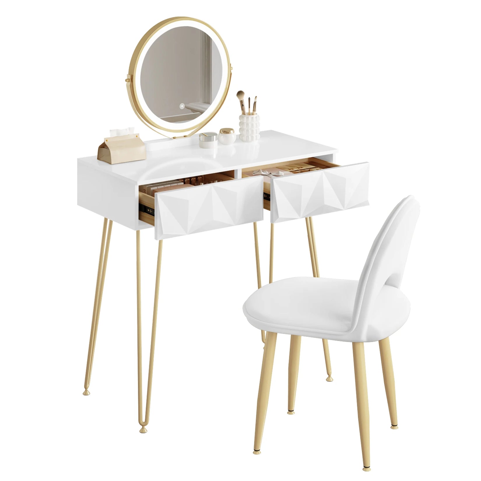 Packshot de la coiffeuse LED avec miroir, tiroirs ouverts et chaise en velours assortie.