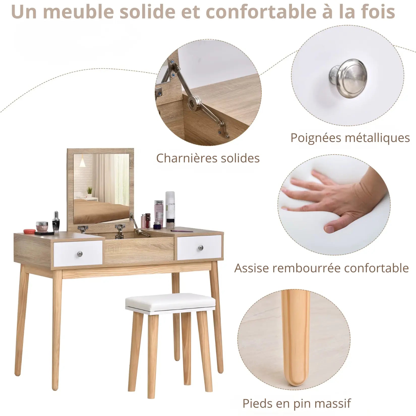 Coiffeuse meuble détails charnières et pieds pin massif.